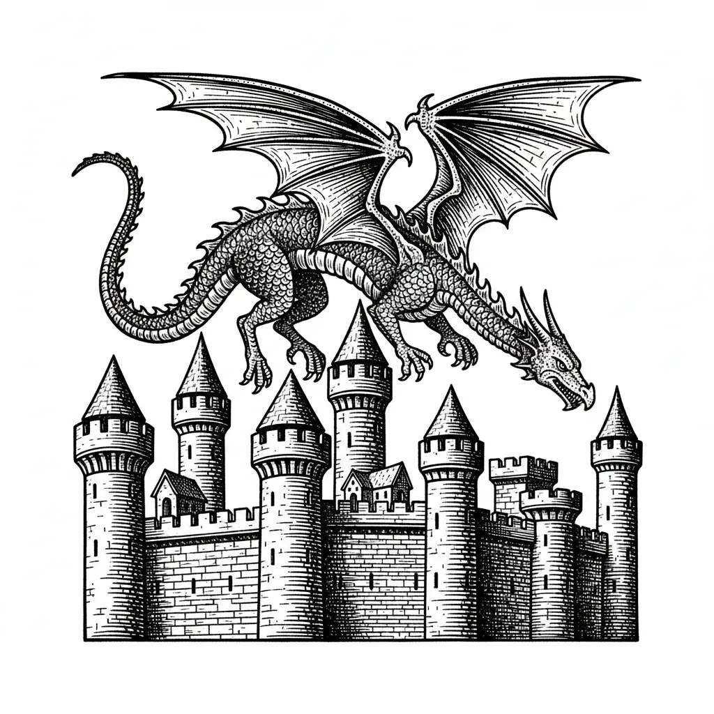 Medieval dragon flying above a stone castle with tall towers and battlements, grayscale medieval woodcut engraving style, bold clean vector line art, high contrast black and grey, cross-hatching shadows, no gradients, symmetrical design, detailed wings and scales, vintage book illustration style, white background, optimized for SVG vector and laser engraving