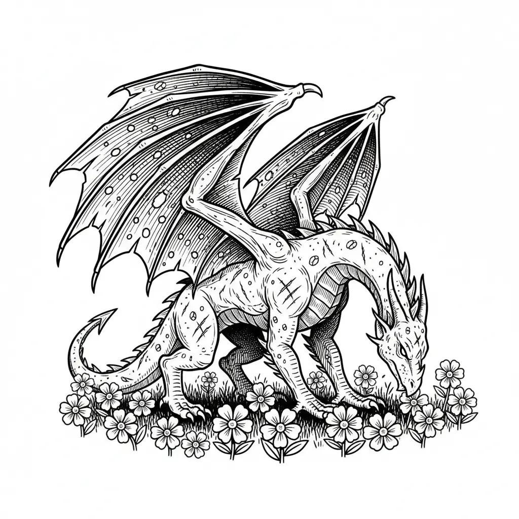 Create a high-contrast vector illustration of a battle-scarred wyvern in a calm, grounded pose.  STRICT ANATOMY REQUIREMENT: The creature must be a true wyvern—ONLY two rear legs and two wings.  NO front legs, NO forearms, NO extra limbs of any kind The wings must function as the front limbs, attached at the shoulders like a bat (visible wing “arms” with joints and membranes) The wyvern should be standing only on its two hind legs, with wings partially open or lightly touching the ground  The wings should be slightly open and relaxed, showing battle damage such as tears, holes, and scars in the membranes. The body should show subtle scarring and wear, but not overly cluttered.  The head should be lowered slightly as if gently smelling or breathing in a field of flowers, conveying a peaceful, reflective mood that contrasts with its battle-worn appearance.  Surround the wyvern with a minimal, stylized field of flowers, using simple, clean shapes that do not compete with the subject.  Style should be clean vector linework, black and white only, with no gradients, no shading, and no soft edges. Use bold outlines, negative space, and controlled detail for depth.  Ensure clear silhouette readability—the anatomy should instantly read as a wyvern (not a four-legged dragon).  The design must be fully vectorized (SVG-ready), scalable, with clean paths, consistent line weight, and no unnecessary noise, optimized for laser engraving.  Composition should be centered, balanced, and engraving-friendly, with strong contrast and clean separation of shapes.
