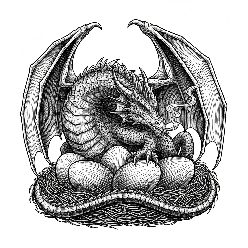 greyscale style 3-d dragon watching over a clutch of eggs with wings slightly expanded
