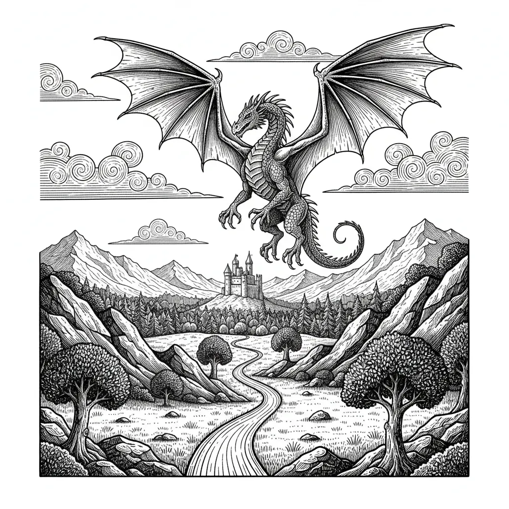 Panoramic medieval fantasy landscape designed for laser engraving, black and gray only, medieval woodcut engraving style. Foreground: rocky hills, grass, small trees, and a winding path. Midground: a dragon flying across the sky with wings spread, detailed scales and claws. Background: a small distant stone castle on a hill far on the horizon with towers and battlements, surrounded by forest. Far background mountains and clouds. Highly detailed environmental scenery, cross-hatching and line shading only, bold clean outlines, high contrast black and white engraving, no gradients, vector line art style, balanced composition, castle small in the distance, suitable for SVG and laser engraving, white background.inspired by medieval manuscript illustrations and vintage fantasy book engravings
