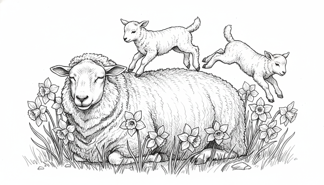 welsh mother sheep laying down and 3 baby lambs jumping over her in field of dafodils in hd