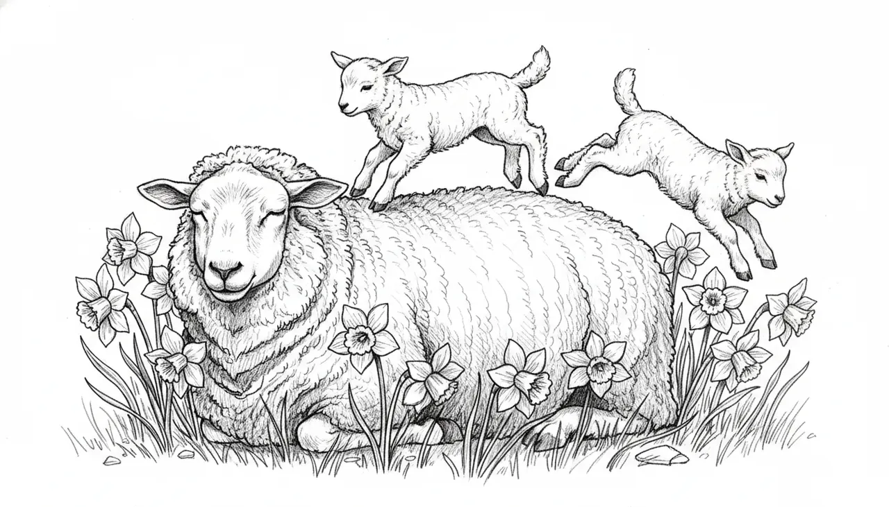 welsh mother sheep laying down and 3 baby lambs jumping over her in field of dafodils in hd