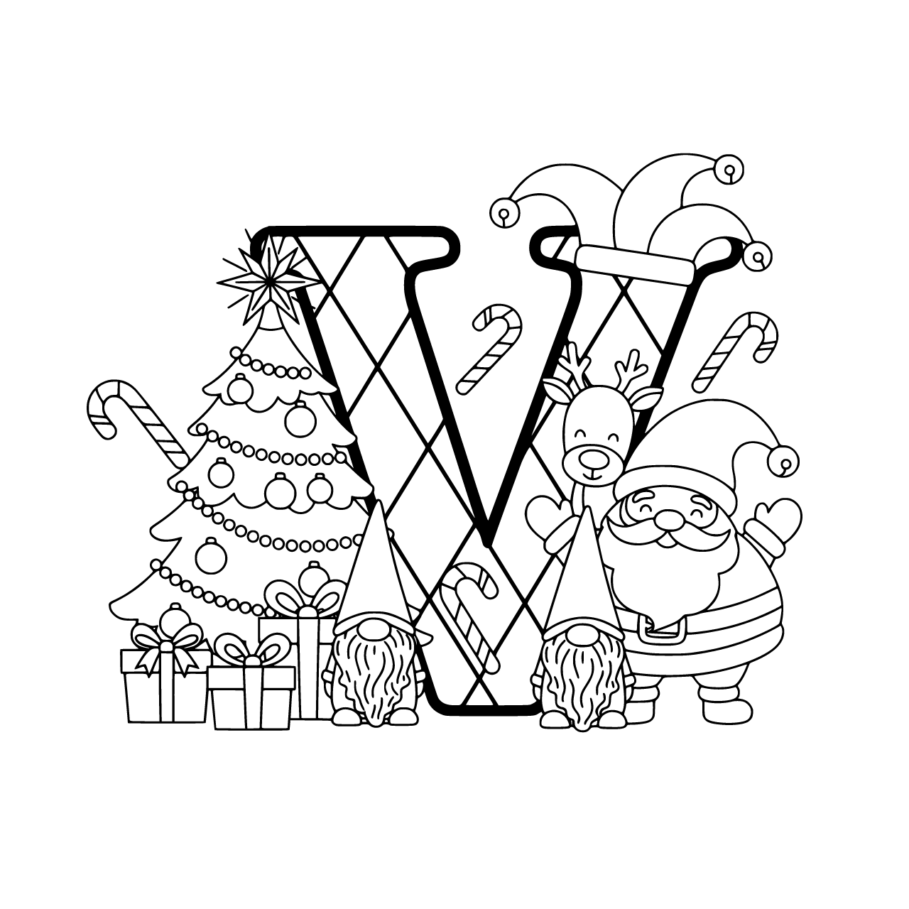 A black and white line art illustration of a whimsical Christmas scene featuring a large letter "V" in the center. The letter V is decorated with a diamond checkered pattern with diagonal lines. On top of the letter, there's a jester hat with three bells. Around the letter V, include: a decorated Christmas tree with ornaments and a star on top, two cute Nordic gnomes with pointed hats and long beards, wrapped presents with bows, a cheerful Santa Claus holding a reindeer, and candy canes. The style should be cute, cartoonish, and suitable for a coloring book. Clean black outlines on white background, no shading or colors.