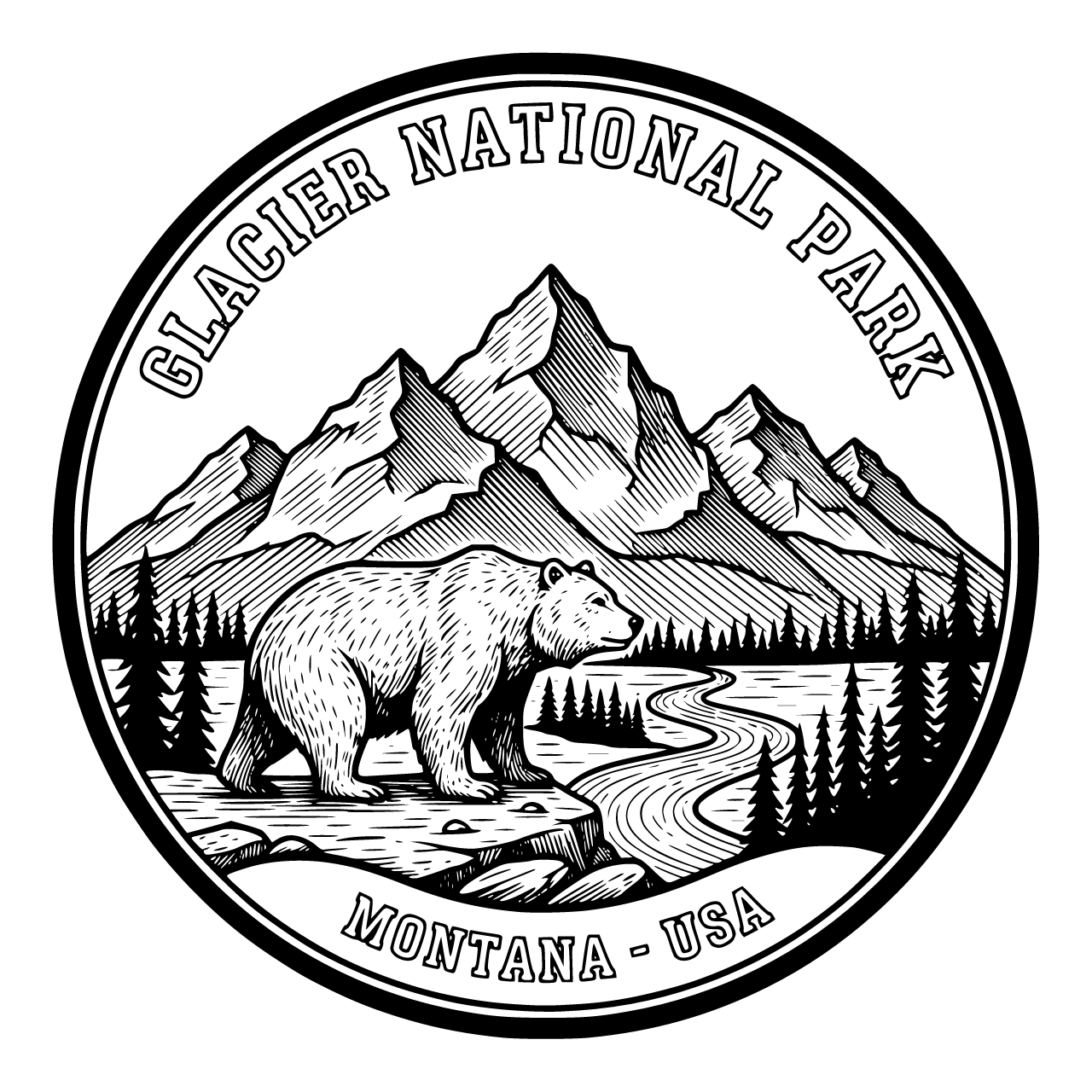 Circle-shaped badge about Glacier National Park