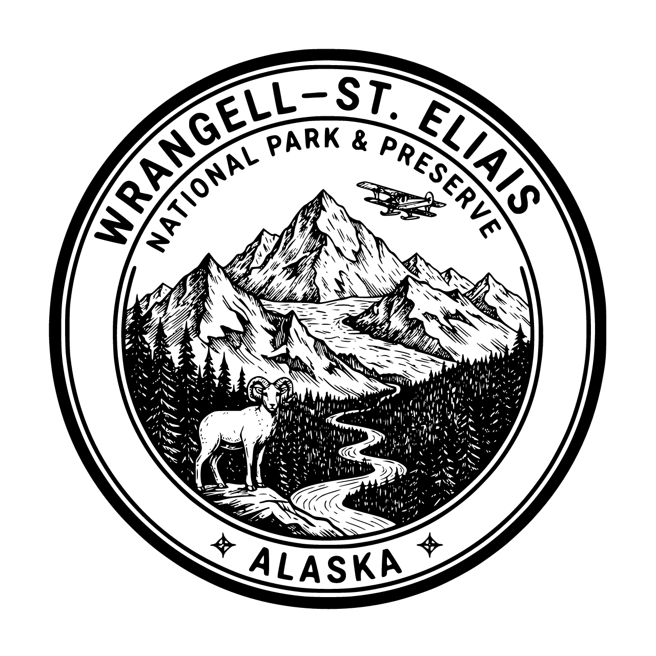 Circle-shaped badge about Wrangell–St. Elias National Park