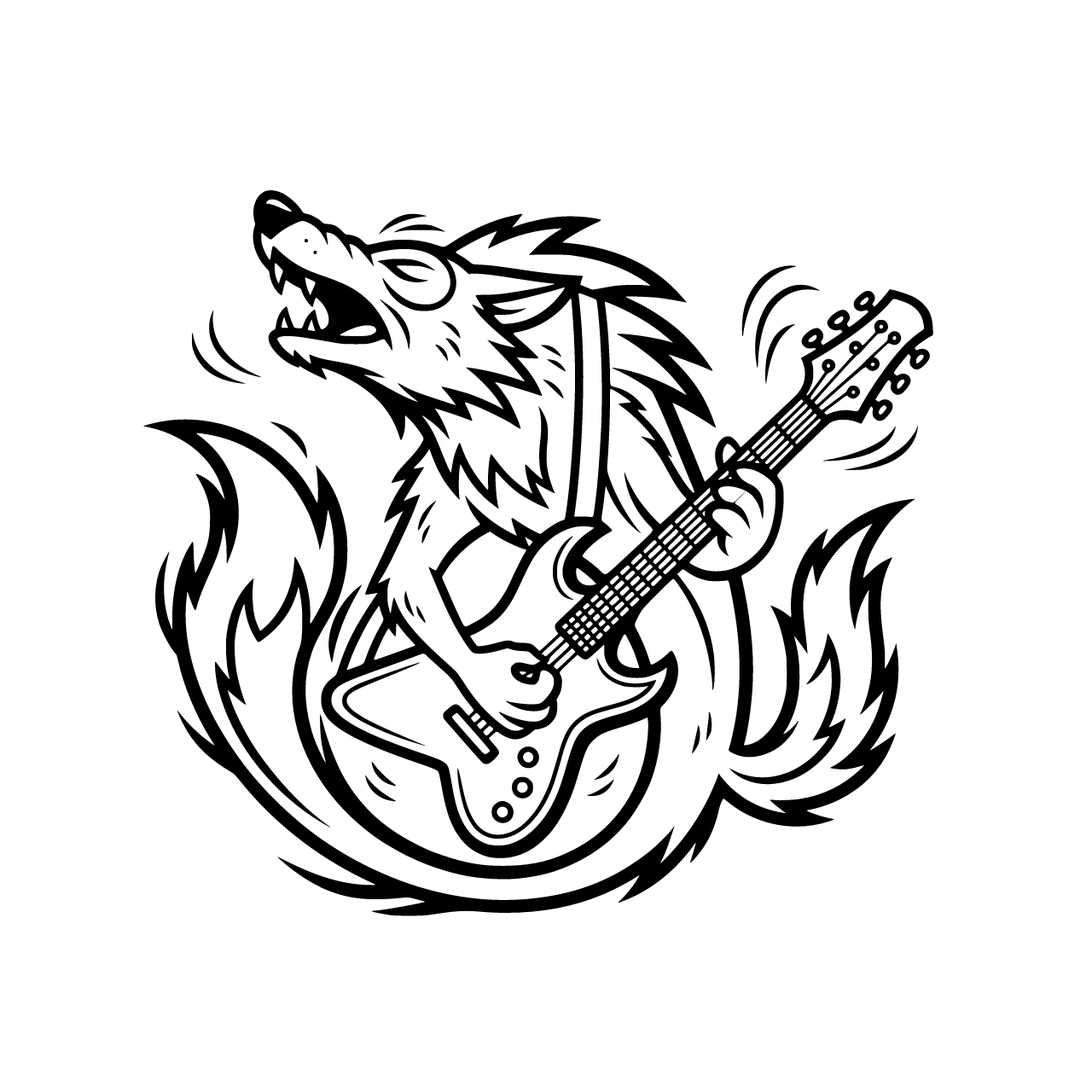 Guitar playing wolf howling white background