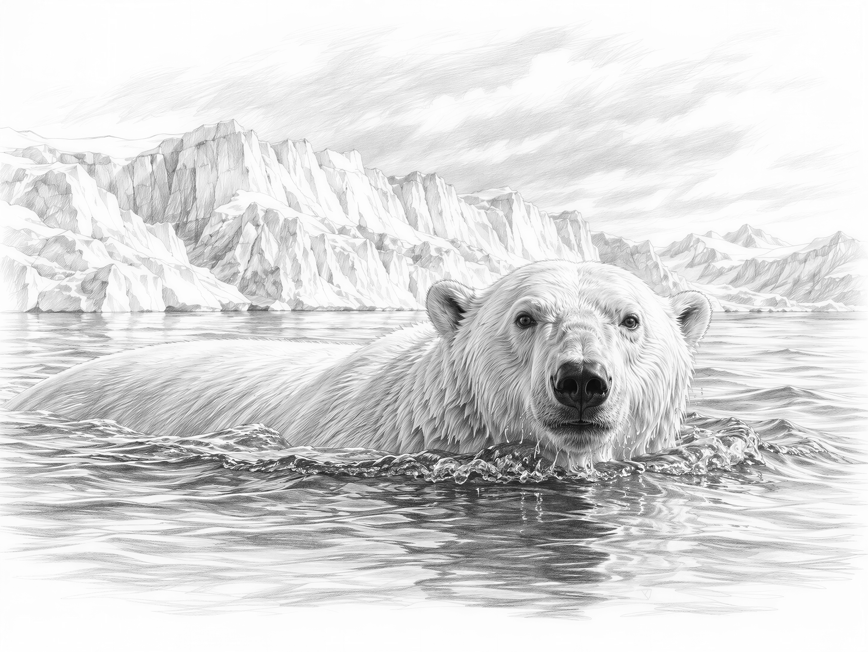 A polar bear swimming through icy Arctic water, half its body submerged, with towering glaciers and a pale blue sky behind it. Crisp cold tones, dramatic wildlife shot.