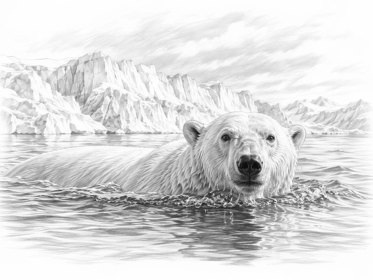A polar bear swimming through icy Arctic water, half its body submerged, with towering glaciers and a pale blue sky behind it. Crisp cold tones, dramatic wildlife shot.