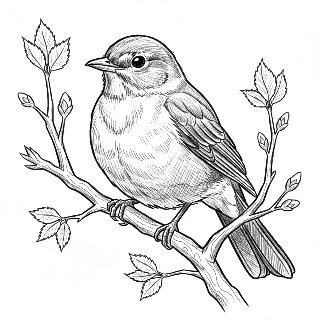 An American Robin perched on a branch with spring buds and fresh leaves