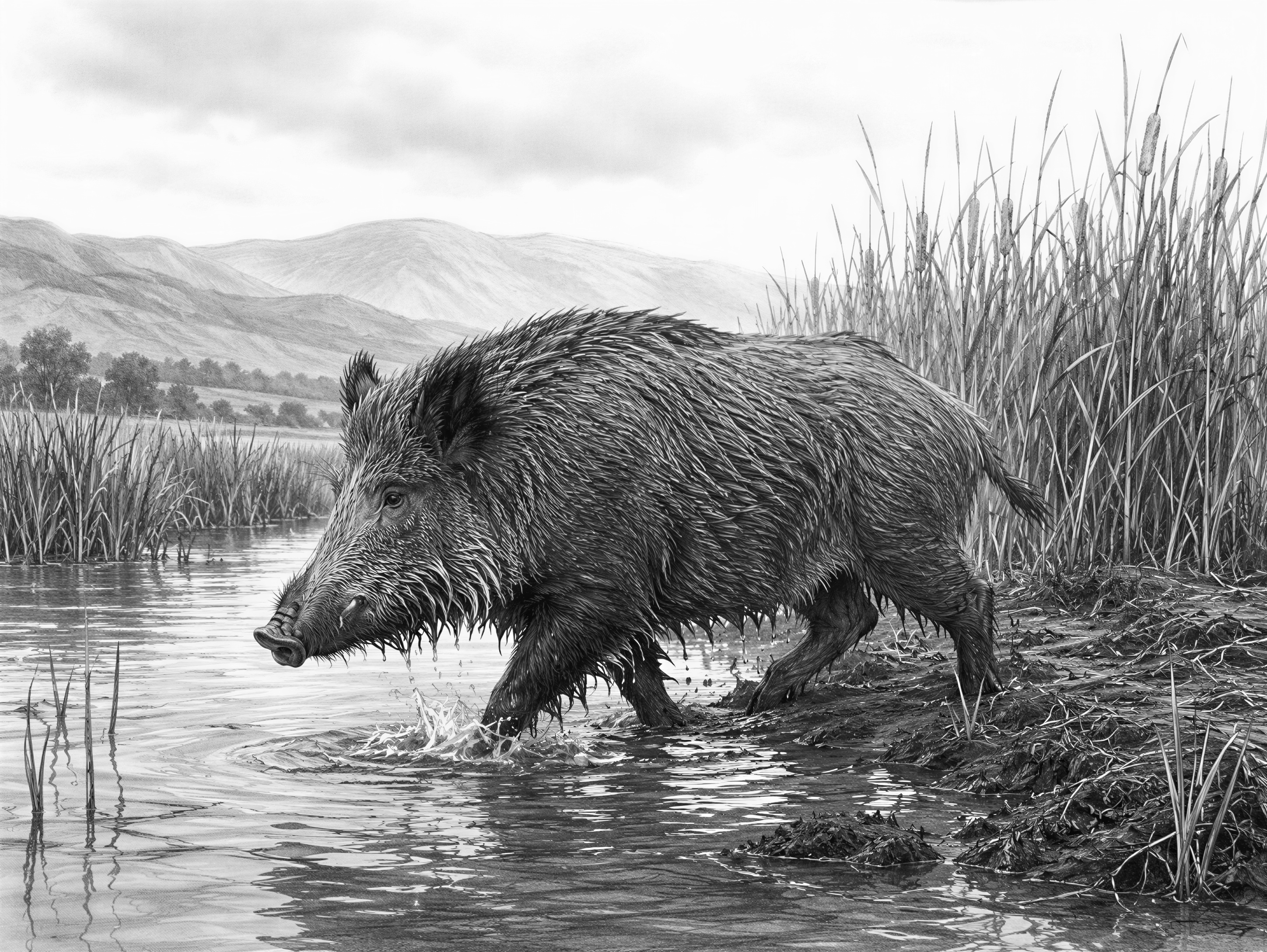 A wild boar crossing a marshland stream, half in the water and half on muddy ground, with wetland reeds and distant hills behind it. Moody and atmospheric, overcast lighting.