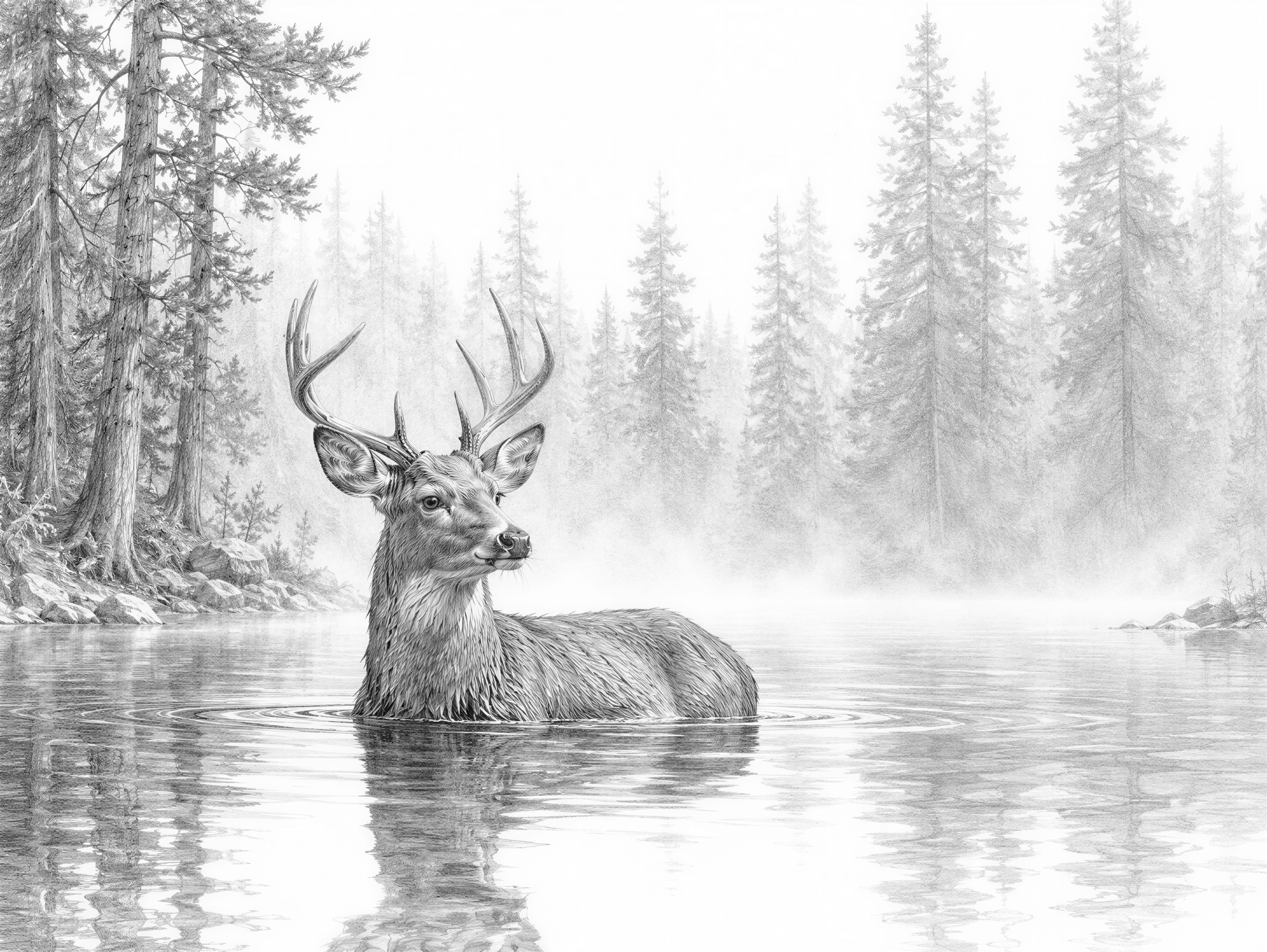 A deer wading through a calm forest pond, half submerged, surrounded by tall pine trees and morning fog. Serene and ethereal nature photography, soft diffused light.