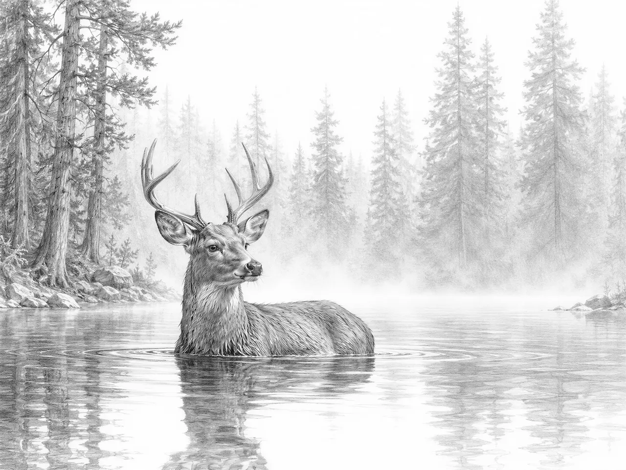 A deer wading through a calm forest pond, half submerged, surrounded by tall pine trees and morning fog. Serene and ethereal nature photography, soft diffused light.