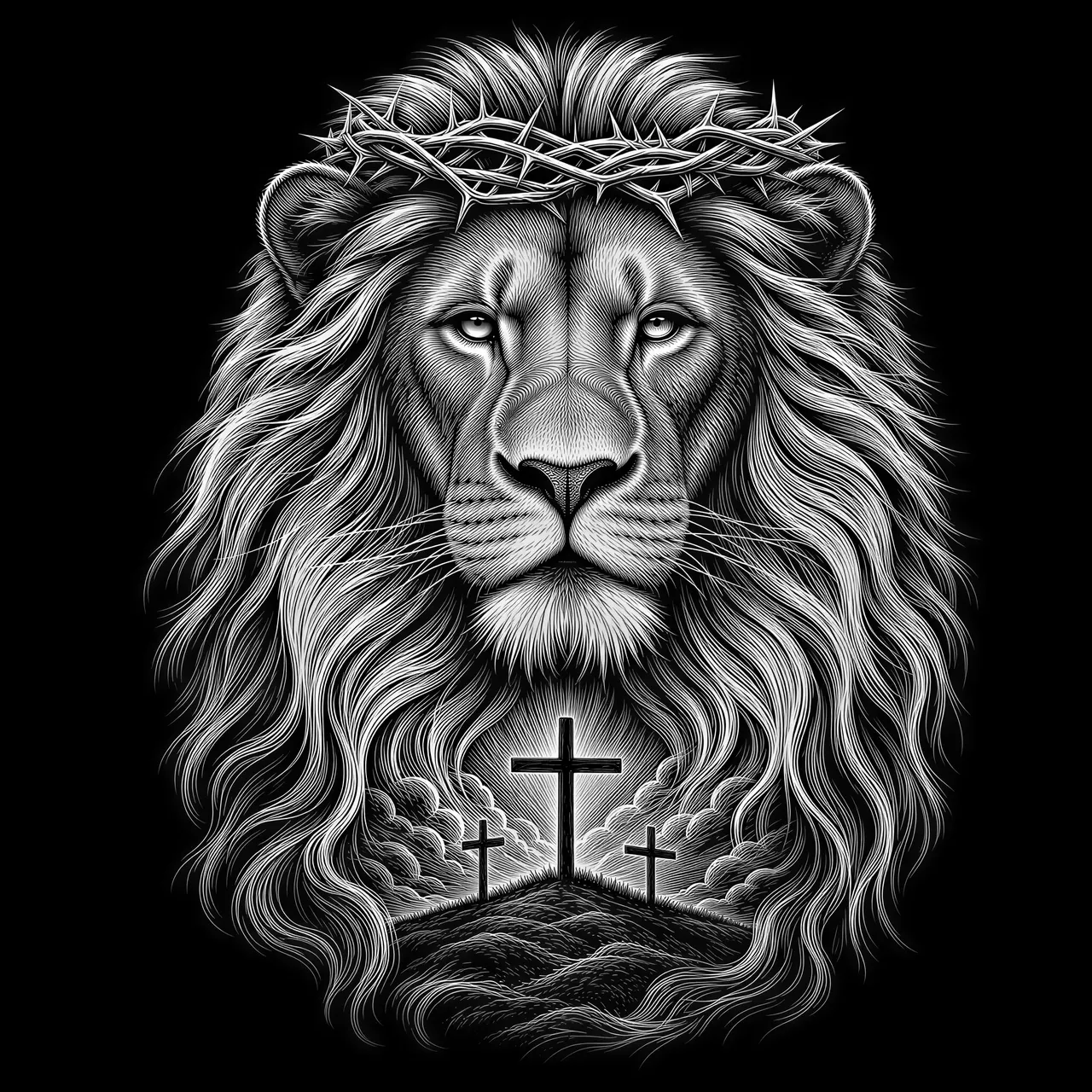 A majestic front-facing lion symbolizing the Lion of Judah, calm authoritative eyes, symmetrical anatomically accurate face, a flowing mane drawn in elegant individually separated strands. A delicate crown of thorns rests above the brow. Within the lower flowing mane, a small hill with three crosses emerges as an integrated double-exposure engraving, the central cross dominant and clearly readable. Powerful sacred symbolism, regal restraint, extraordinary fine-art craftsmanship. Pure black ink on white background, mane mostly white with fine directional hatching, no large black masses, no dark eye sockets, no grayscale, no gradients, no decorative clutter, no text. Clean laser engraving design, strong silhouette and generous negative space, 1:1 square.