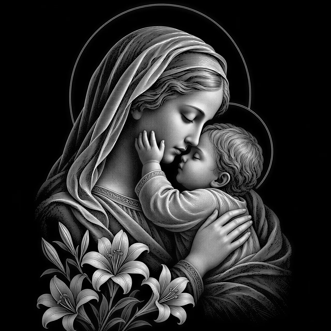An exquisite tender portrait of the Virgin Mary holding the infant Jesus, their foreheads gently touching, Mary’s eyes softly closed, the infant’s tiny hand resting against her cheek. Natural infant proportions, anatomically accurate hands, flowing white veil arranged in graceful sculptural folds, subtle thin circular halos drawn as simple elegant outlines. A small cluster of white lilies anchors the lower edge. Renaissance-inspired emotional intimacy translated into refined copperplate line engraving, pure black and white only, luminous faces with minimal fine hatching, no heavy shadows, no filled black clothing, no grayscale or gradients, clean white background, no text. Exceptional laser engraving clarity, 3:4 vertical composition.