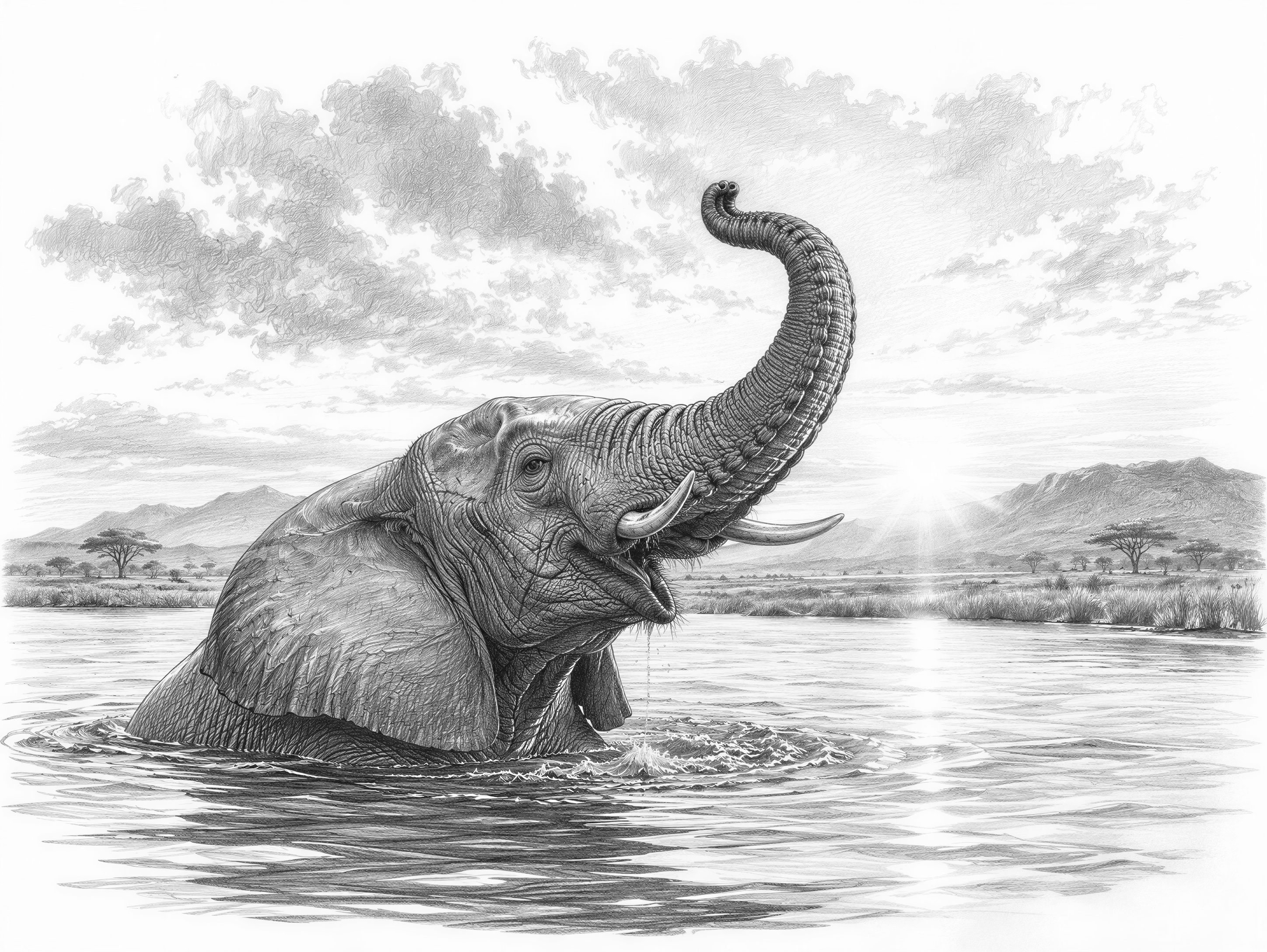 An elephant bathing in a wide river, half submerged with its trunk raised high, savanna grassland and distant mountains behind it. Golden African sunset light, majestic composition.