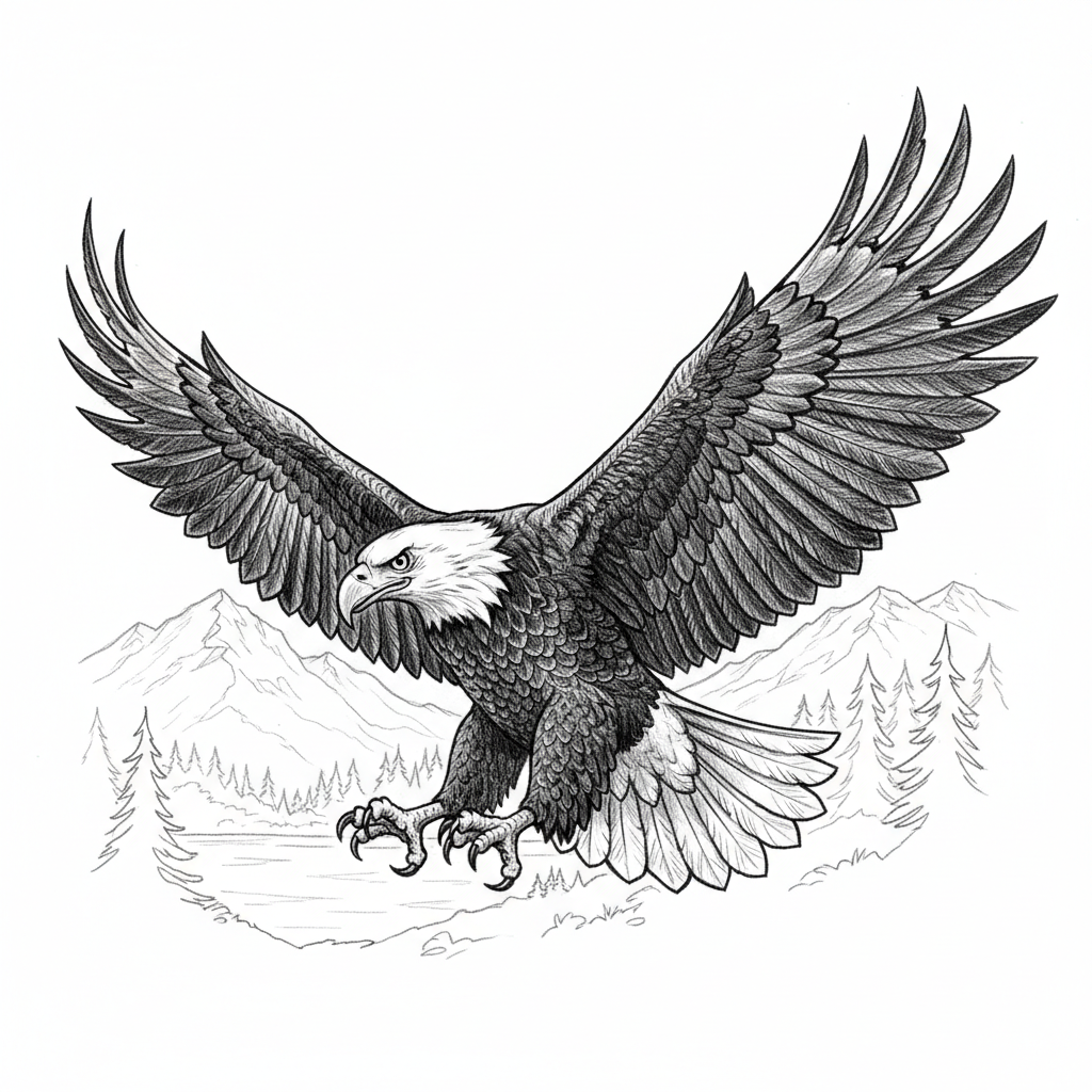 A dramatic pencil drawing of a bald eagle in mid-flight with wings ...