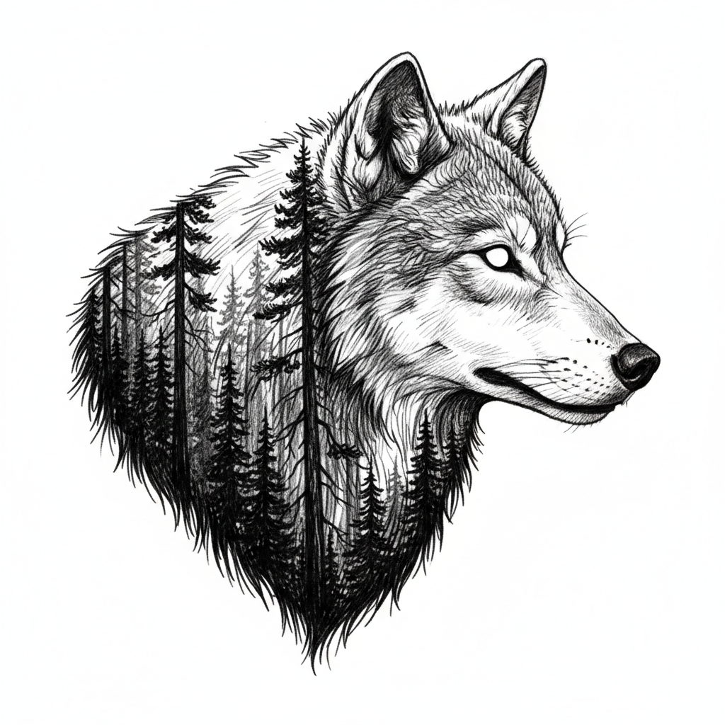 Wolf + Pine forest - double exposure - Free PNG Download | VectorWitch