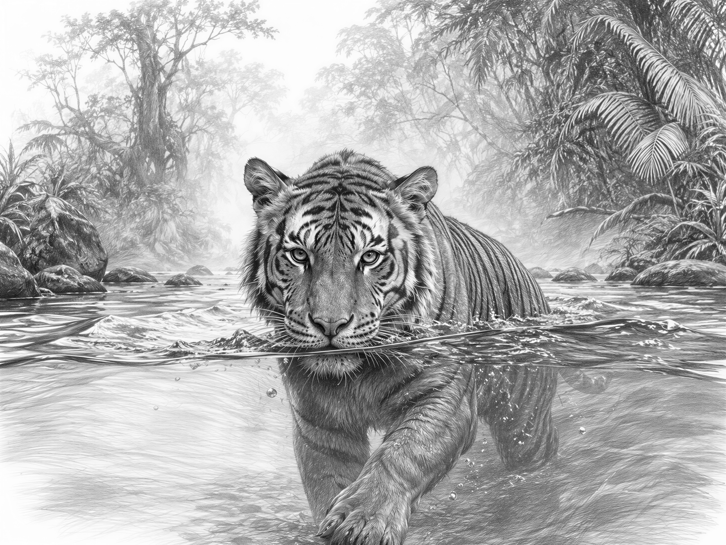 A tiger crossing a jungle river, half its body underwater, with dense tropical rainforest and rising mist in the background. Intense and atmospheric wildlife photography.