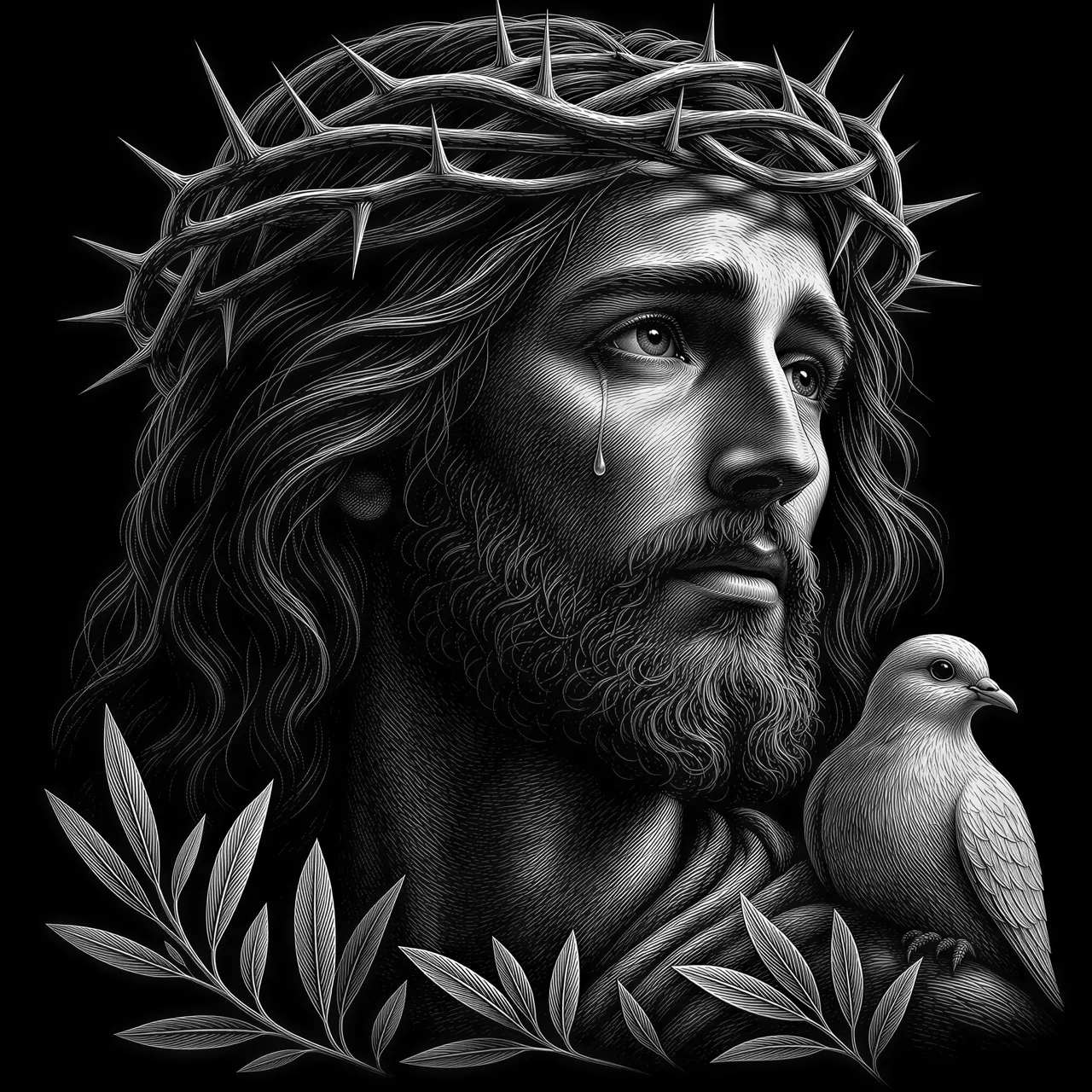 A profoundly moving close-up portrait of Jesus Christ wearing a carefully detailed crown of thorns, three-quarter view, a single tear on his cheek, expression of quiet endurance and unconditional love, no blood or graphic wounds. A small white dove rests near his shoulder, delicate olive leaves emerging at the bottom. Sculptural facial anatomy, expressive eyes, refined beard and hair rendered with directional engraved strokes. Museum-quality devotional copperplate illustration, pure black and white only, tonal depth created entirely with sparse precise cross-hatching, bright facial highlights, no heavy black shadows, no gradients, no gray fill, clean white background. Laser engraving artwork, no lettering, 3:4 portrait.