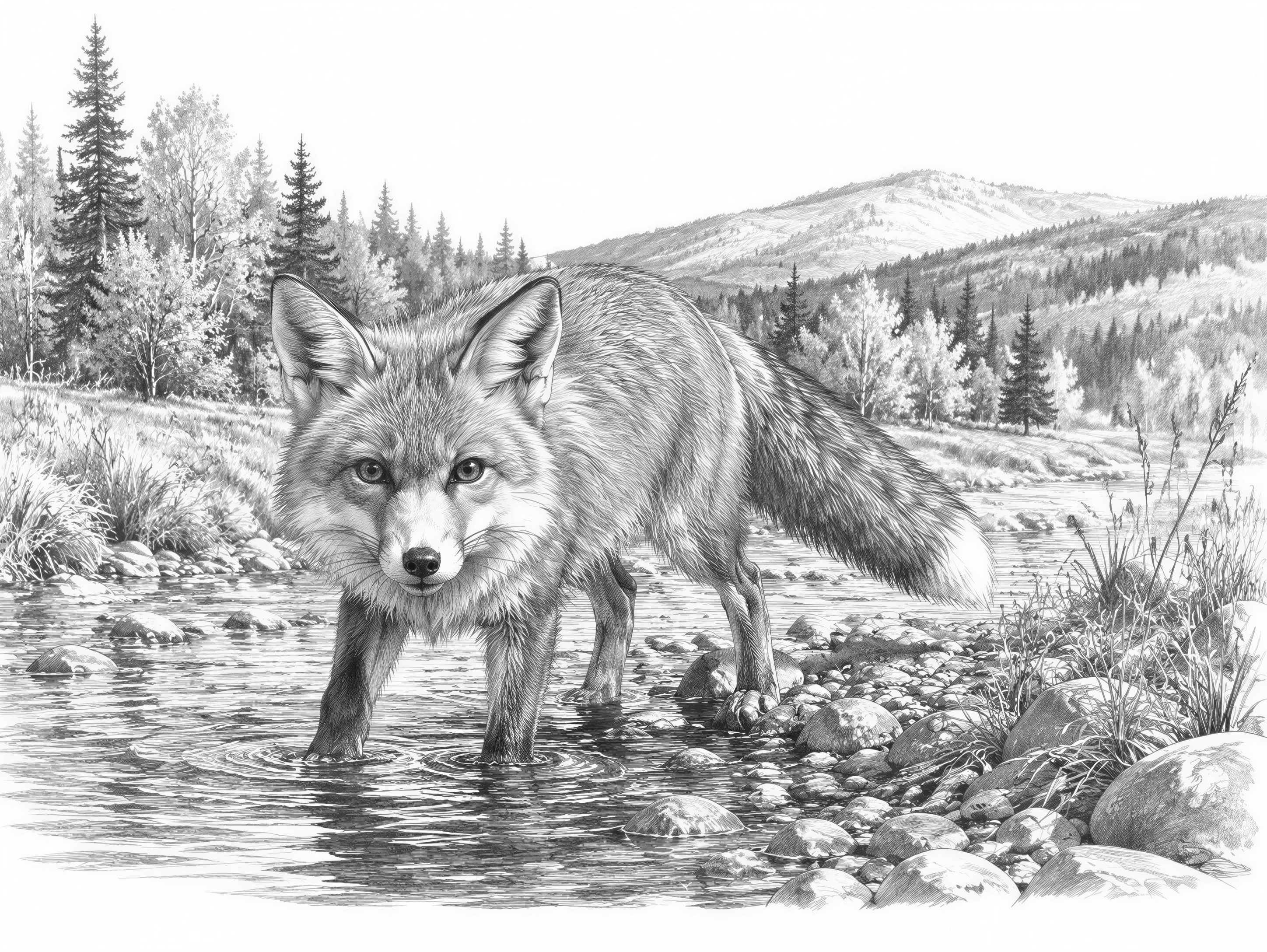 A red fox wading through a shallow stream, half in the water and half on the rocky bank, with an autumn forest and rolling hills behind it. Vivid and painterly nature photography.