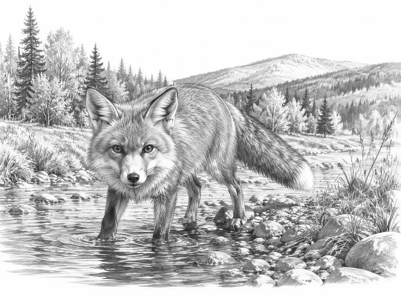 A red fox wading through a shallow stream, half in the water and half on the rocky bank, with an autumn forest and rolling hills behind it. Vivid and painterly nature photography.