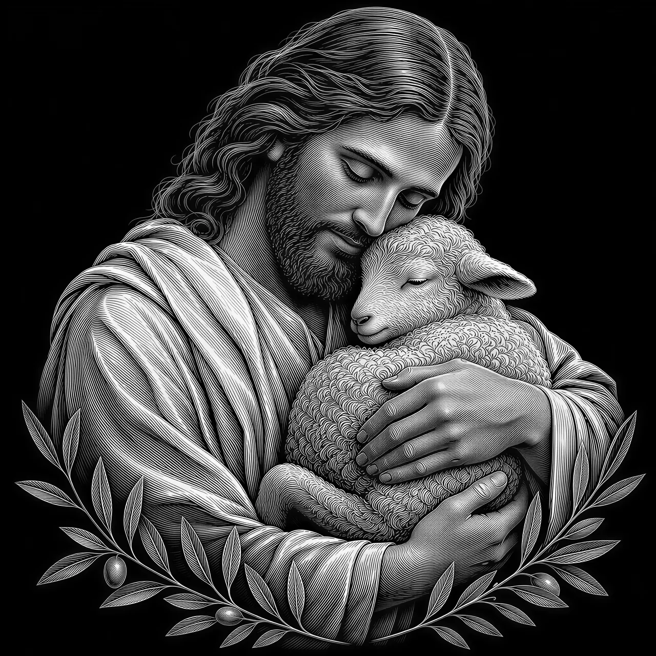 An emotionally powerful close-up portrait of Jesus Christ gently holding a newborn lamb against his chest, his cheek resting softly against the lamb’s head, compassionate eyes looking downward, anatomically natural hands carefully supporting the animal. Flowing white robes, individually defined wool curls, delicate hair strands, a few olive branches framing the lower composition. Intimate and reverent, masterful antique copperplate engraving. Pure black ink on white, shading exclusively through fine controlled hatching, predominantly white robes and open highlights, no large solid black areas, no grayscale, no gradients, no background scenery, no text. Crisp separated lines optimized for laser engraving, balanced negative space, 3:4 vertical composition.
