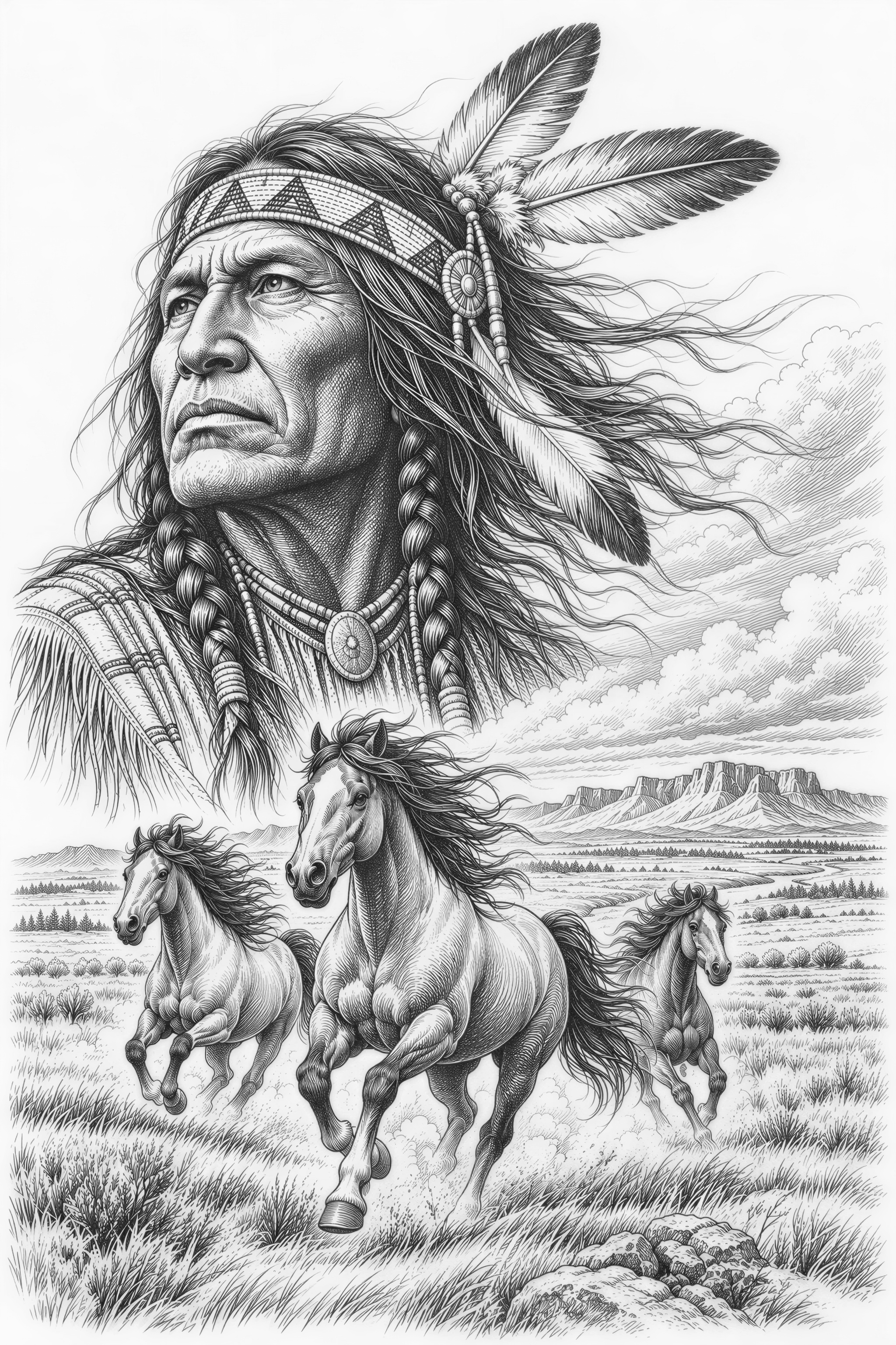 Cvector Graphics Native American Chief Feathers Wild Horses Gallopi - Free PNG Download ...