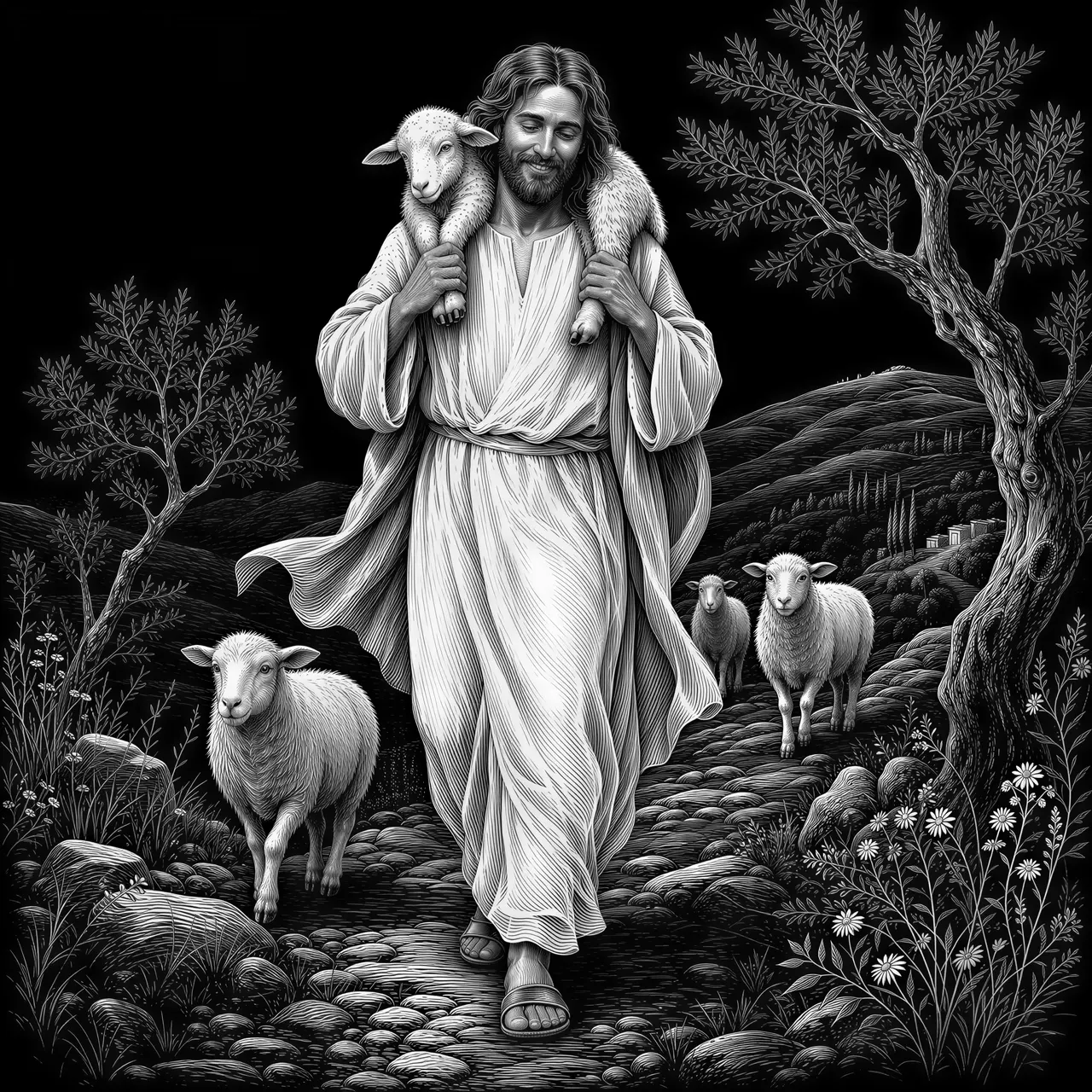 Jesus Christ as the Good Shepherd walking toward the viewer along a narrow rocky path, carrying a small lamb securely across his shoulders, both hands gently holding the lamb’s legs in a natural pose. His expression is tender and quietly joyful, his white robe flowing with the movement. A few sheep follow at different distances, sparse wildflowers and olive trees frame a softly suggested hillside. Emphasize the emotional bond between shepherd and rescued lamb, clear readable silhouettes, avoid crowded scenery. Masterful antique steel engraving, pure black lines on white, restrained directional hatching, predominantly white clothing and sheep, no large solid black regions, no grayscale, no gradients, no text. Laser engraving optimized, 3:4 portrait.