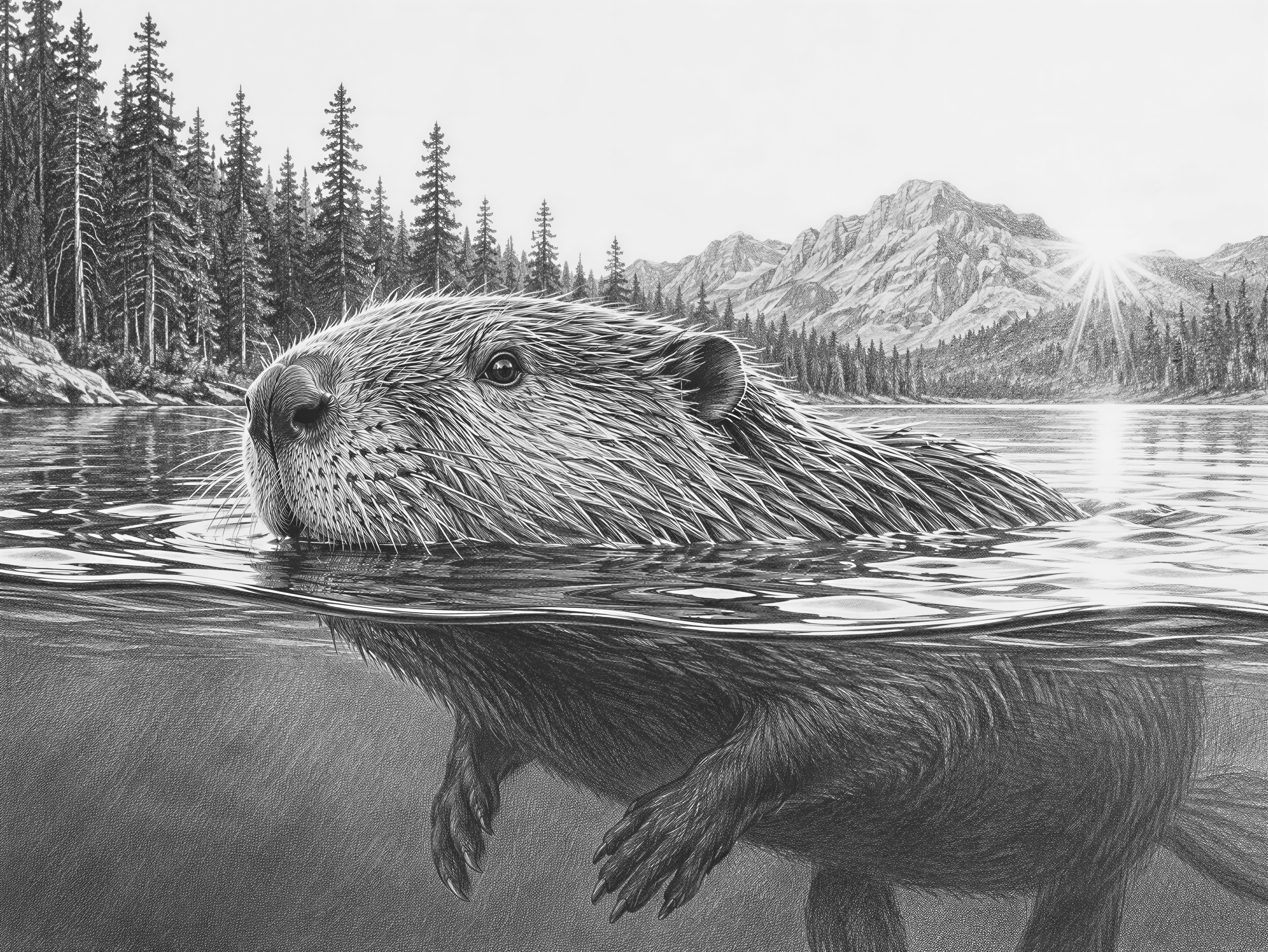 A beaver swimming in a lake, half submerged and half above the water, with mountains and a thick forest in the background. Golden hour light, cinematic and dramatic wildlife photography.