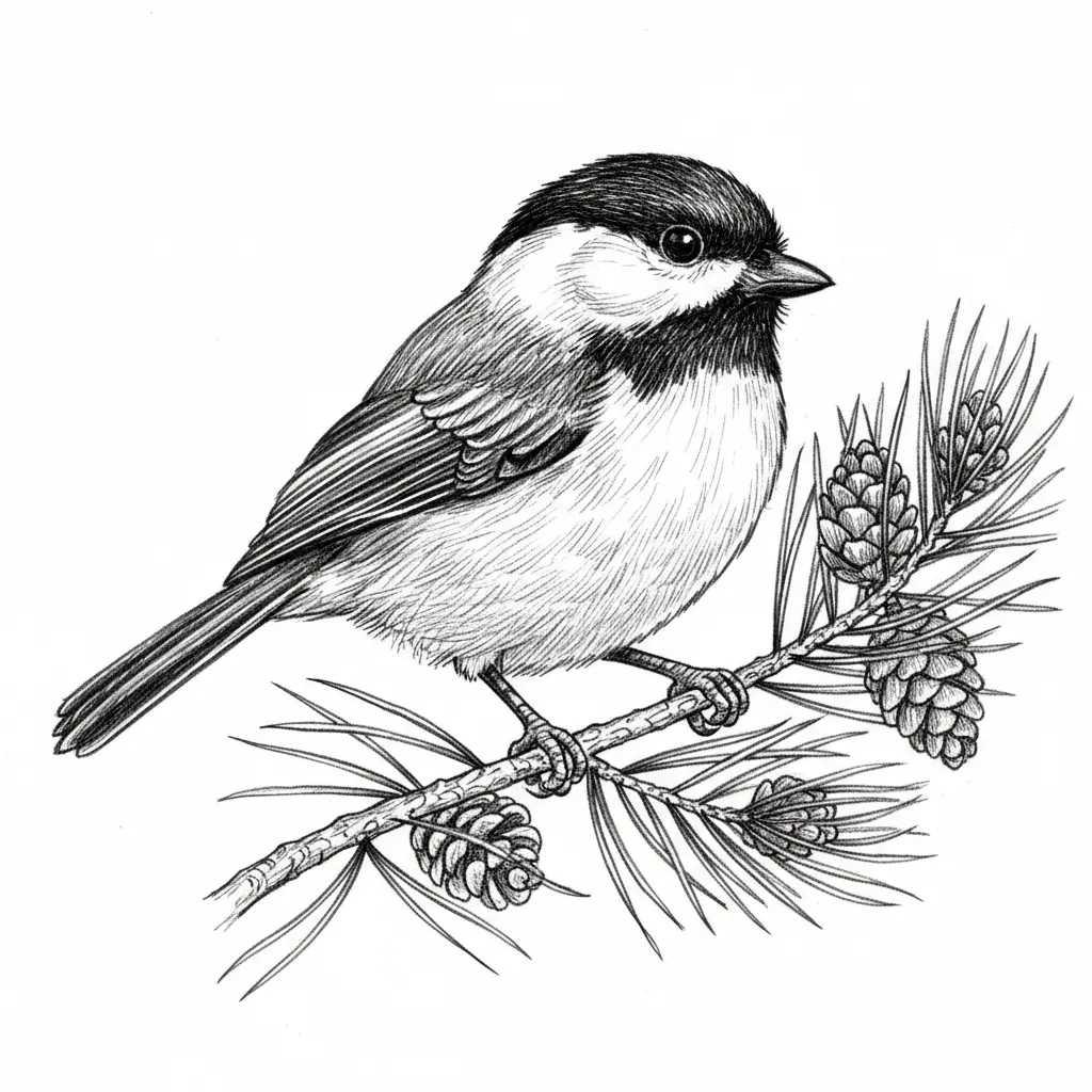A Black-capped Chickadee on a delicate pine branch with needles and small pine cones
