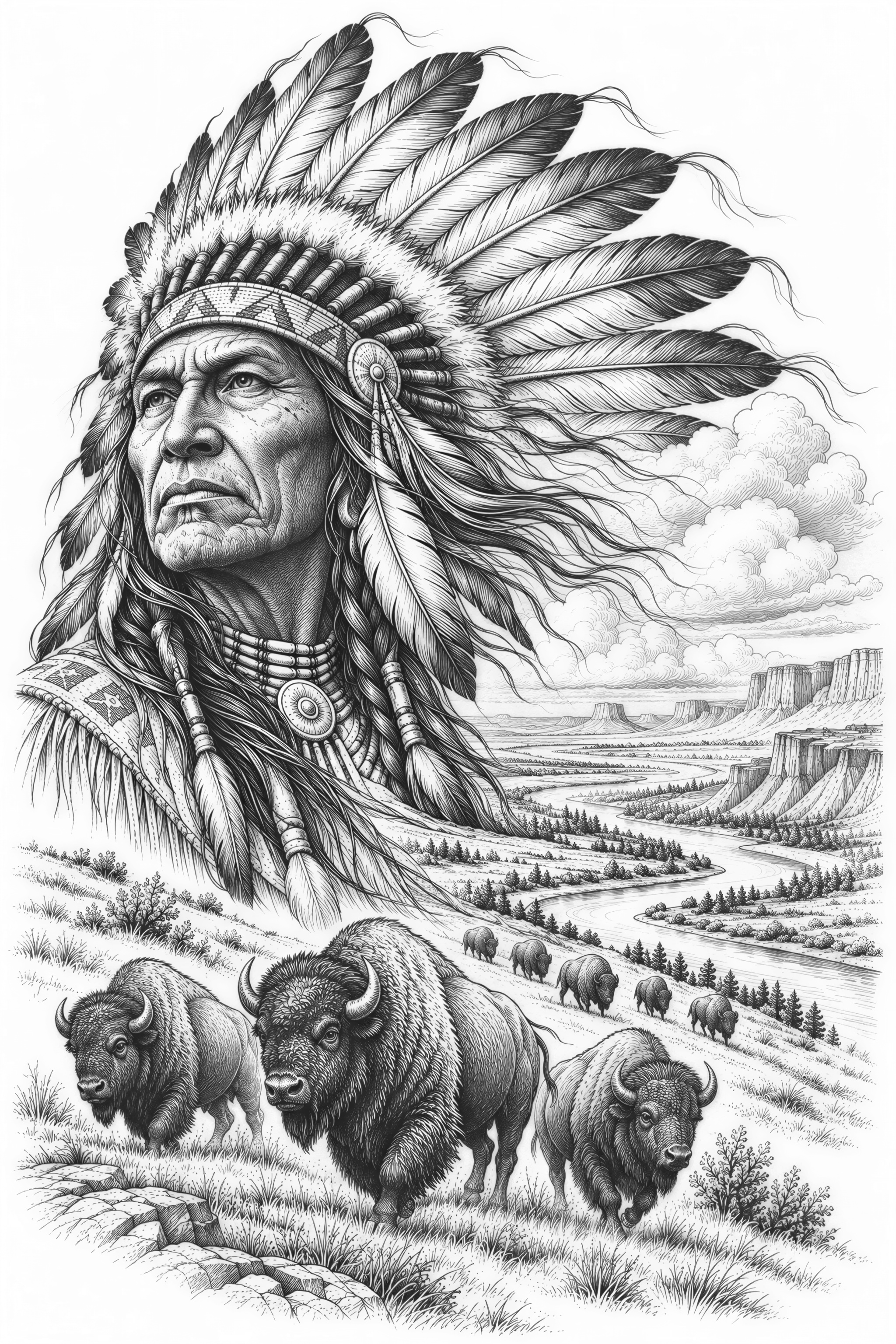 Cvector Graphics Native American Chief Headdress Bison River Cliffs - Free PNG Download ...
