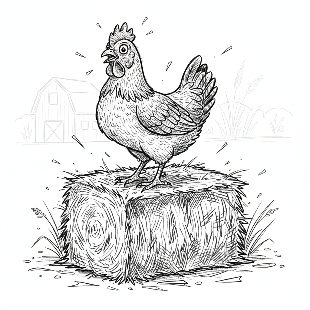A surprised chicken stands on top of a neatly stacked hay bale, its ...