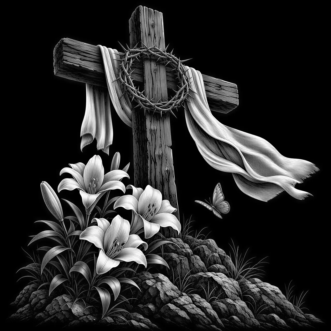 A striking Christian fine-art composition of a weathered wooden cross rising from a rocky hillside, a long white linen cloth draped naturally over the crossbeam and moving gently in the wind. A crown of thorns hangs at the intersection, magnificent white Easter lilies bloom among the rocks at the base, a small butterfly lifts upward beside them. Low viewpoint creating a monumental yet graceful silhouette, rich wood grain, beautifully articulated petals and cloth folds. Pure black-and-white botanical and biblical engraving, shading with clean spaced hatching only, bright open background, no filled black sky, no large solid dark areas, no grayscale, no gradients, no text. Elegant laser engraving artwork, 3:4 vertical.