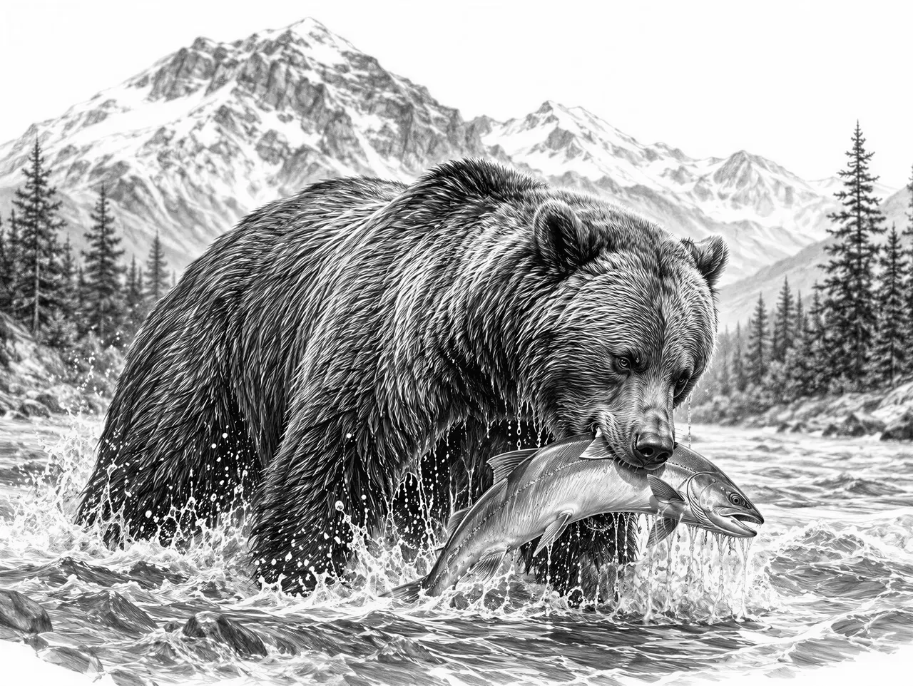 A grizzly bear standing in a rushing river catching salmon, half its body in the water, with pine covered mountains rising behind it. Powerful, high contrast wildlife photography.