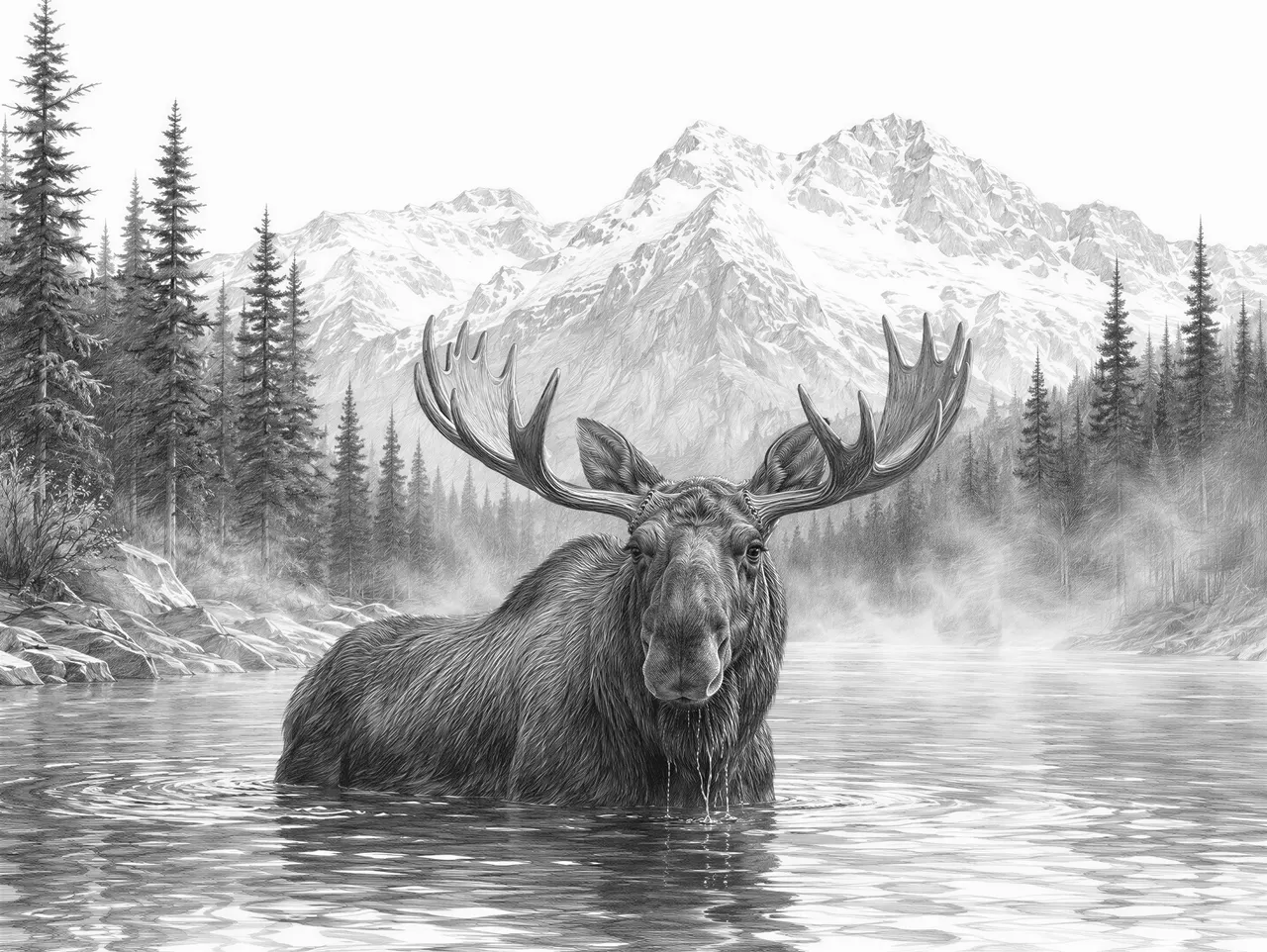 A moose standing chest deep in a misty river, surrounded by dense pine forest and snow capped peaks in the distance. Soft morning light, epic nature photography.