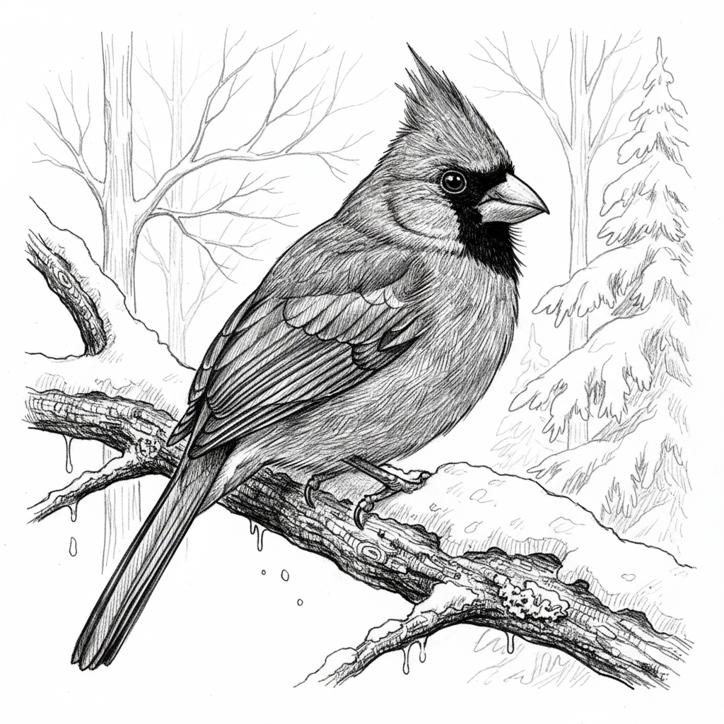 Deep Cardinal A stunning pencil portrait of a male Northern Cardinal perched on a ...