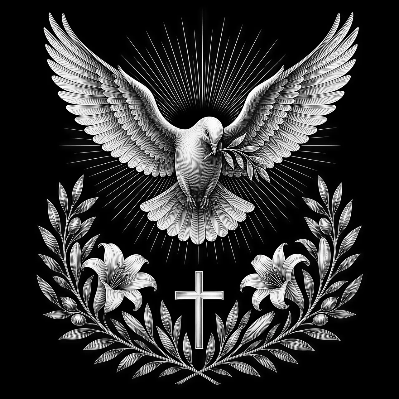 A magnificent white dove symbolizing the Holy Spirit descending toward the viewer, wings lifted and spread in a graceful symmetrical arc, anatomically accurate layered feathers, head gently bowed, carrying a small olive branch. Behind the dove, a radiant circular arrangement of fine straight engraved rays, widely spaced and clearly separated. Below, an elegant open crown of olive branches and Easter lilies frames a small simple Christian cross, leaving generous white space around every symbol. Sacred, uplifting, visually arresting fine-art engraving. Pure black linework on white, feather depth through delicate contour hatching, no solid black wing sections, no grayscale, no gradients, no cloudy background, no text. Crisp laser engraving design, 1:1 square.