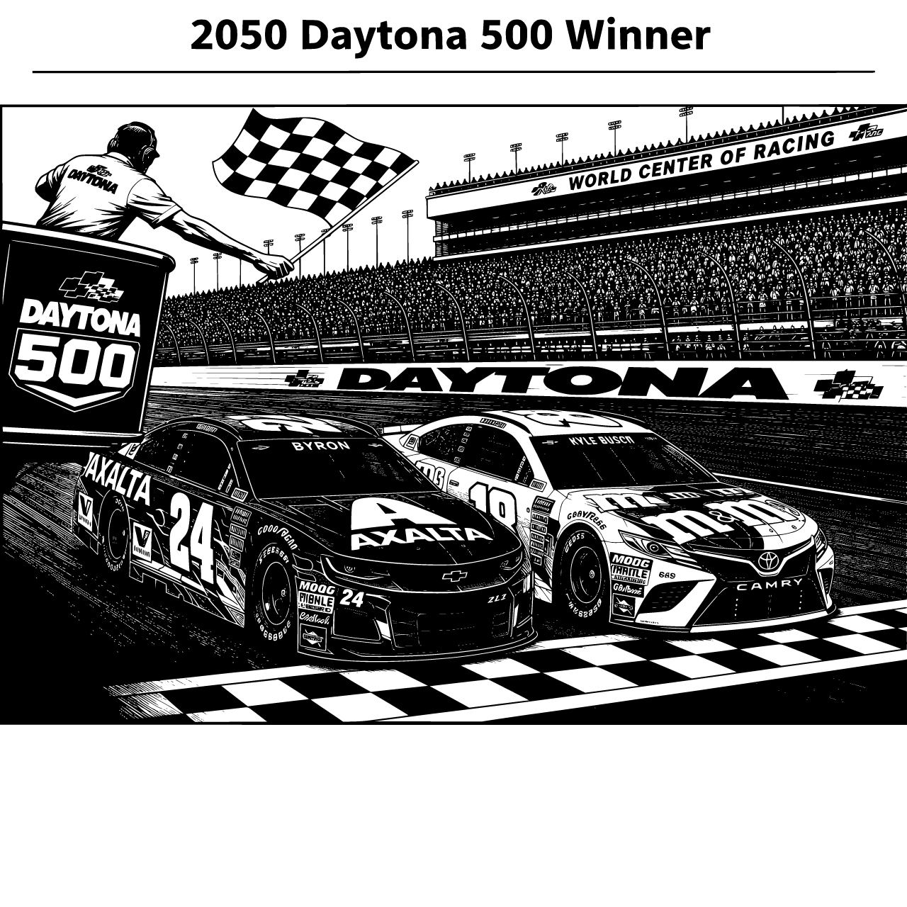 add Text across the top that says"2050 Daytona 500 Winner" then leave 2 blank text lines beneath that but above the image so I can add a name in there at a later time