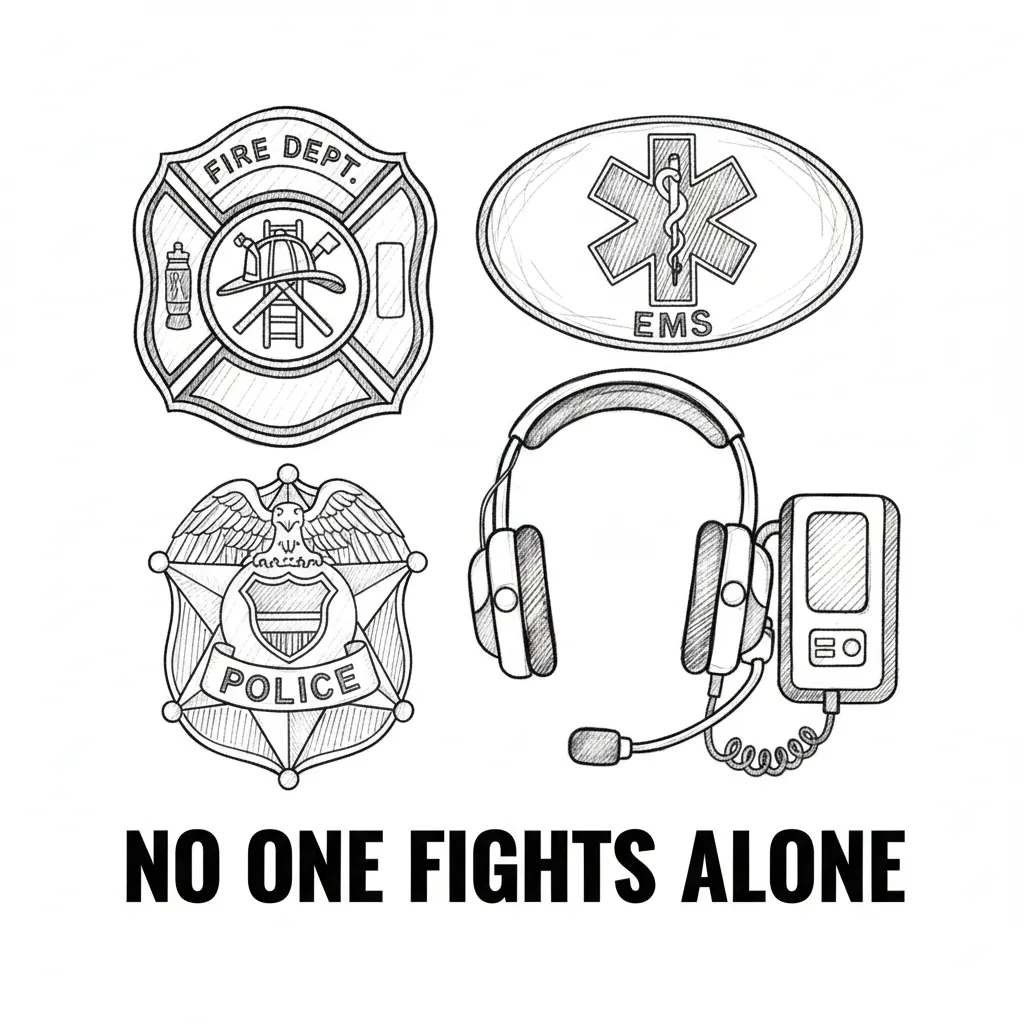 firefighter badge, ems badge, police badge, dispatch headset. no one fights alone
