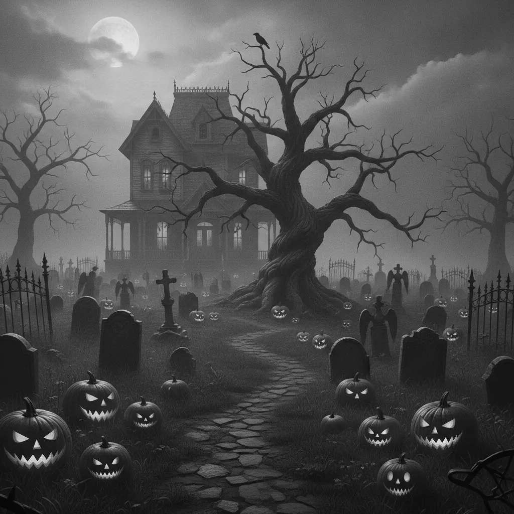 Haunted house, pumpkins, cemetery, tree