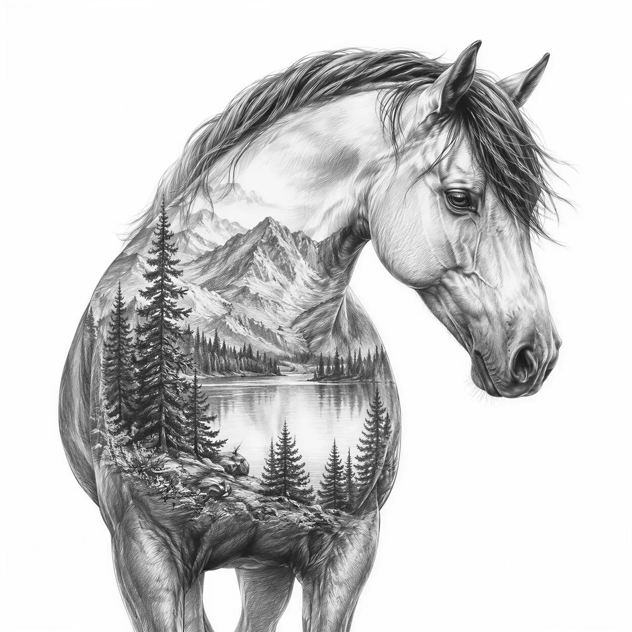 Horse with internal scene of wildeness-lake-trees