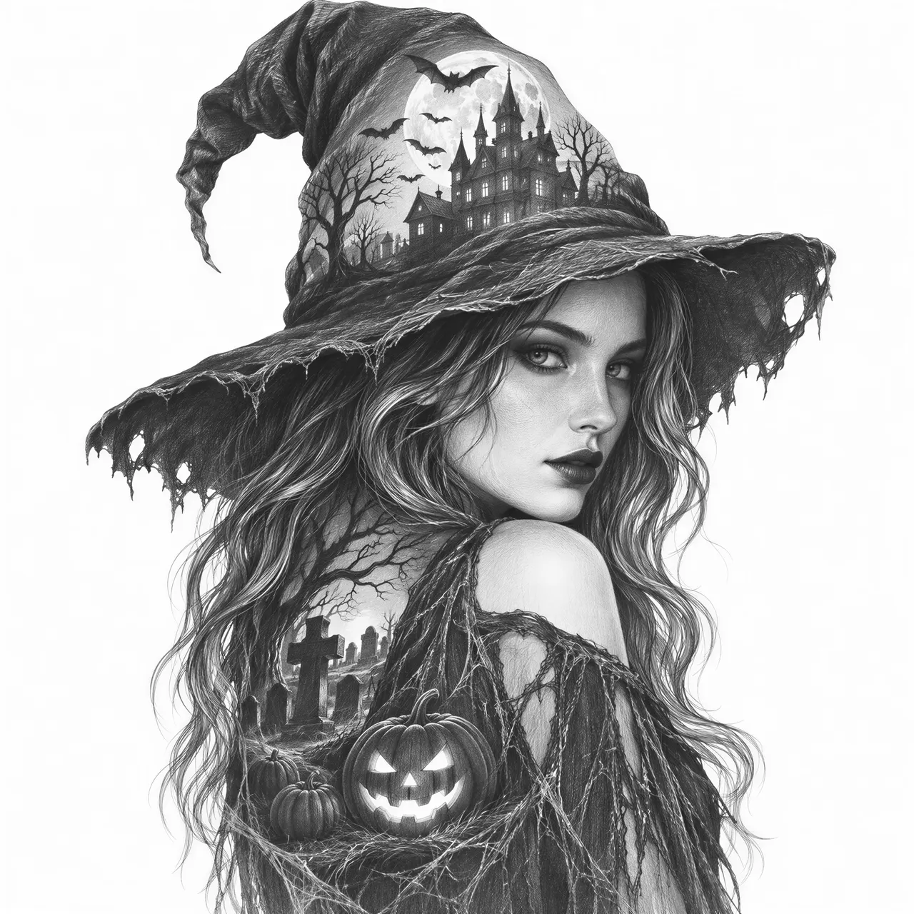 Vertical scene measuring 7" wide x 10" tall-Witch with internal scene of halloween setting