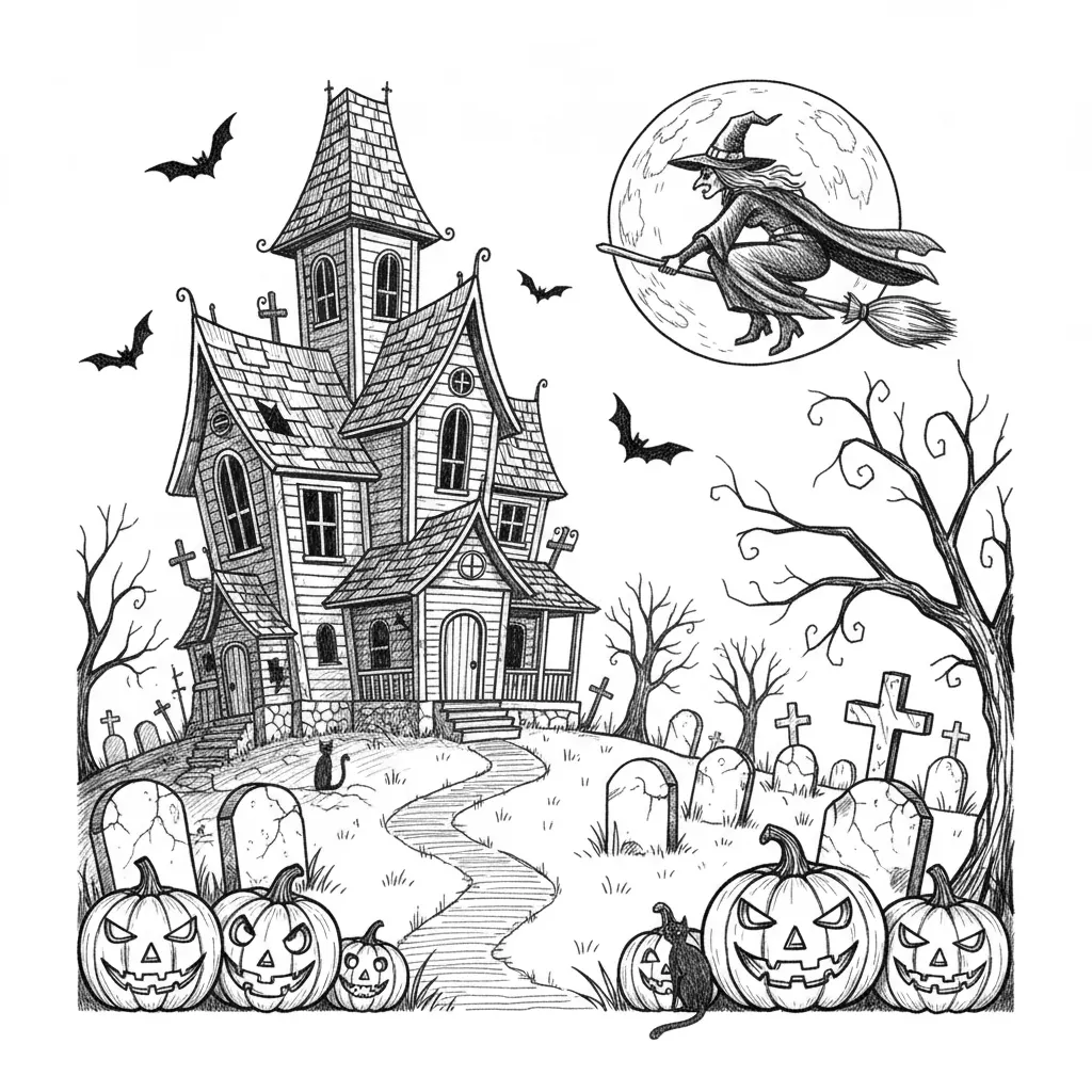 Create a horizontal creepy halloween image with a haunted house, witch, graveyard and pumpkins