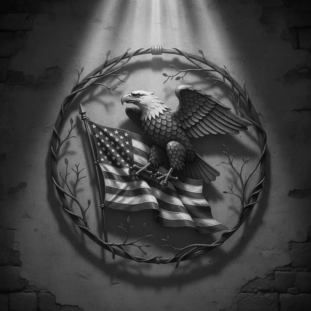 Iron eagle holding the American flag in a circle