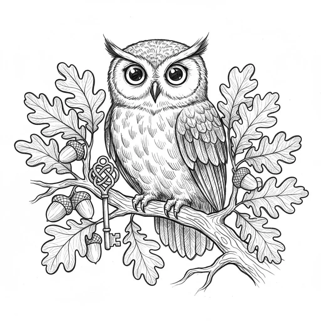 An owl perched on an oak branch, holding an antique key in one talon, surrounded by oak leaves and acorns.