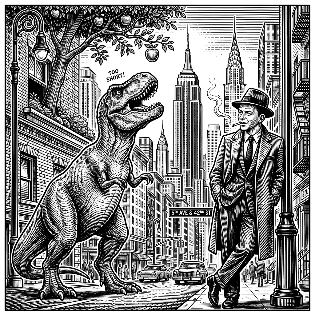 t-rex in New York city trying to pick an apple but his arms aren't big enough with frank Sinatra smoking a cigarette looking at him