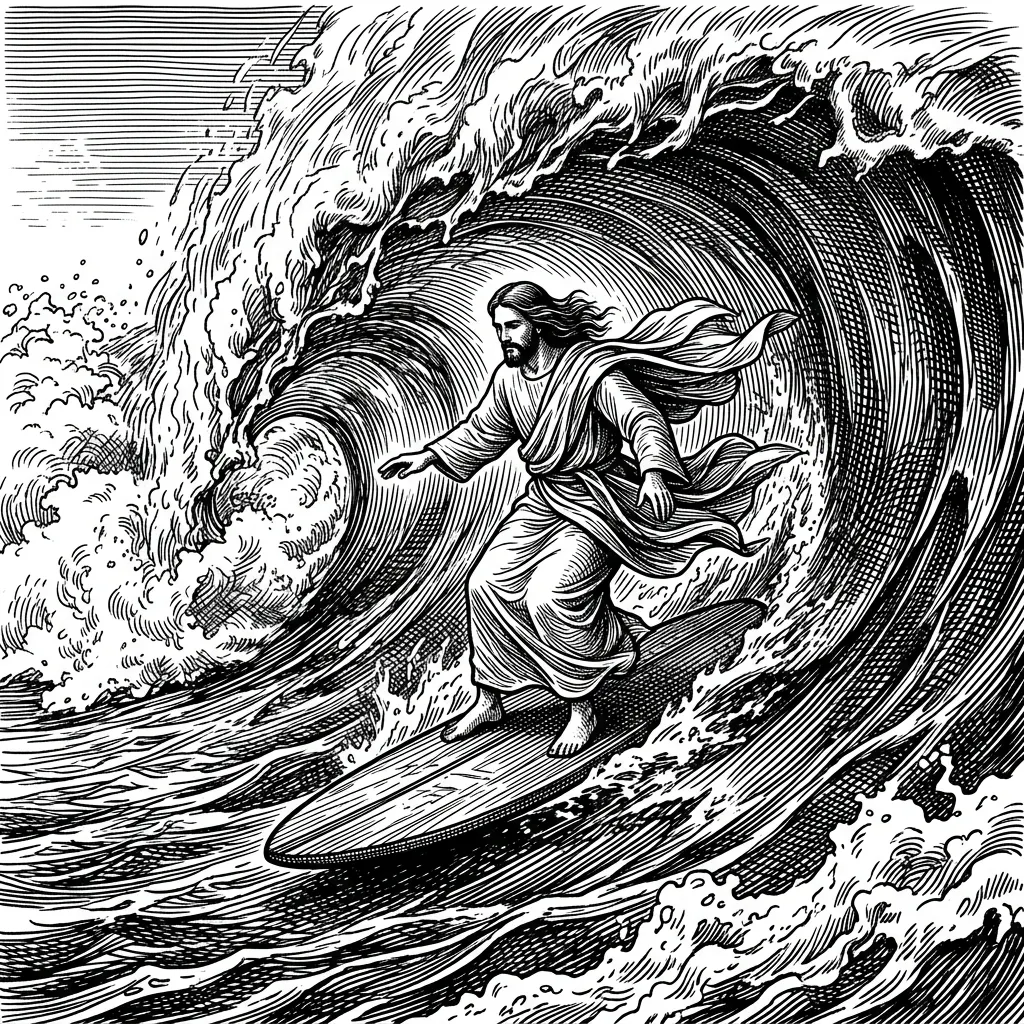 Jesus surfing on a huge wave