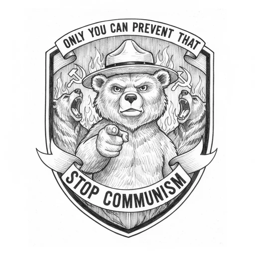 Smokey the Bear pointing saying only you can prevent that stop communism on a crest