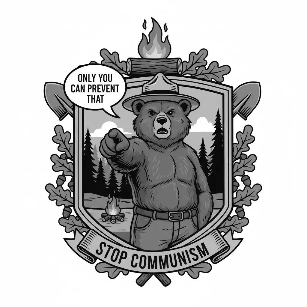 Smokey the Bear pointing saying only you can prevent that stop communism on a crest