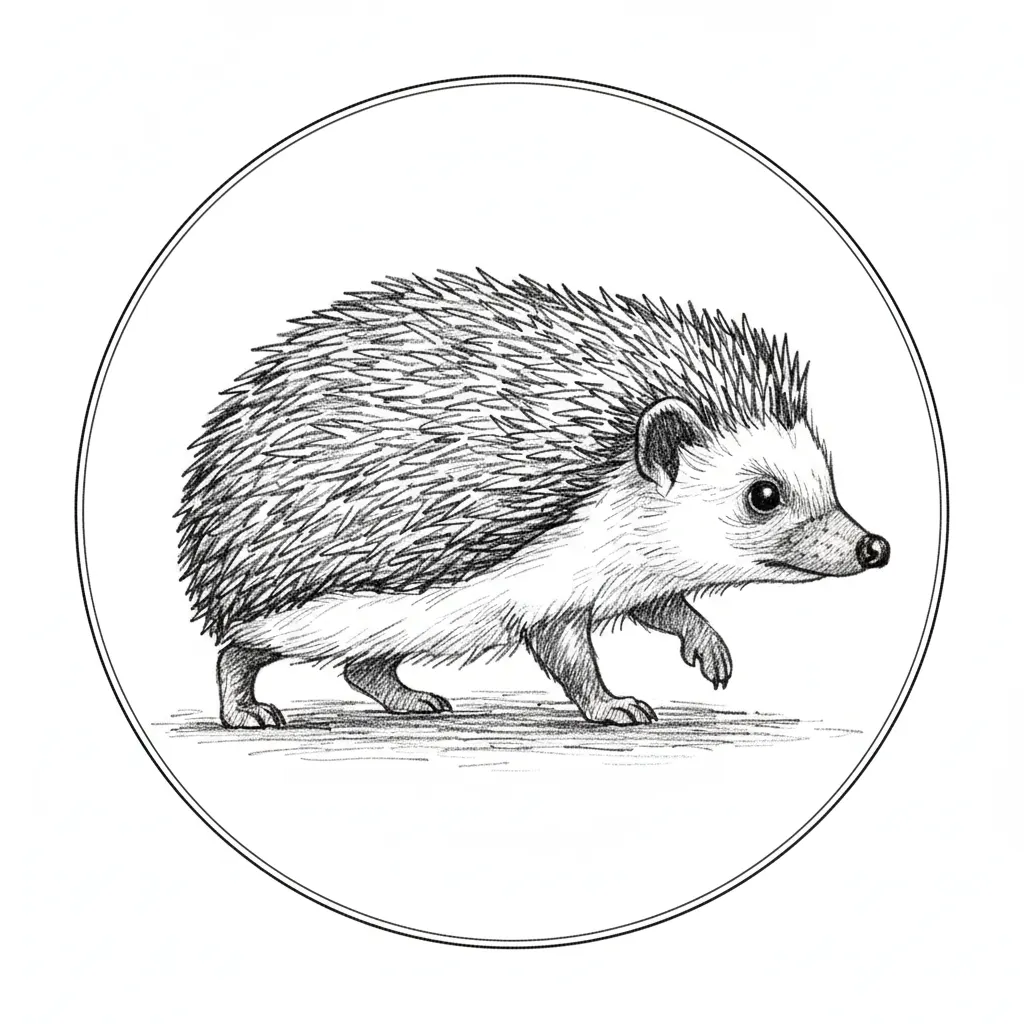 hedgehog walking within a 100mm thin line circle with a transparent background